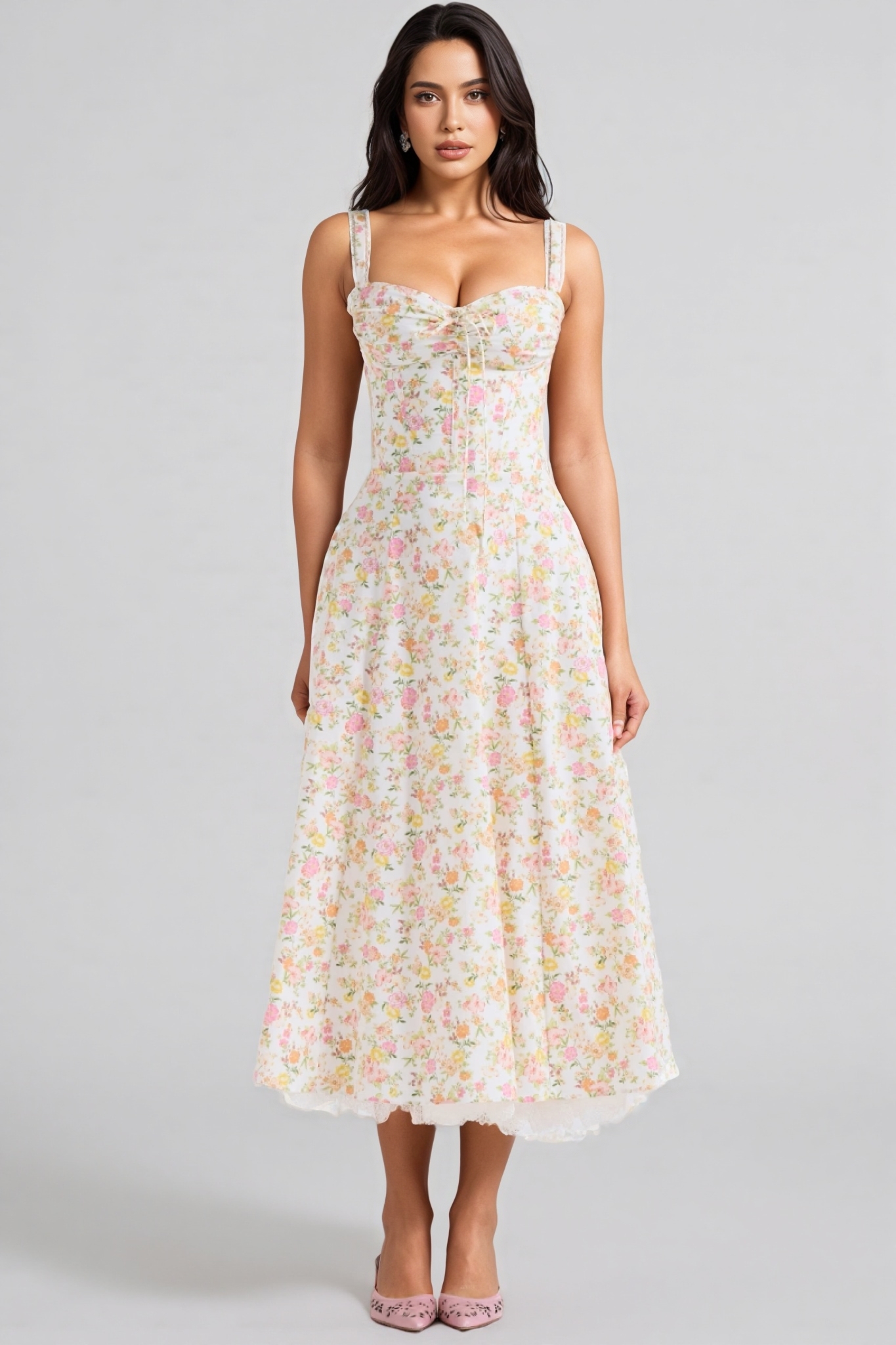 Emork Meadow Floral Print Cotton Bustier Midi Dress