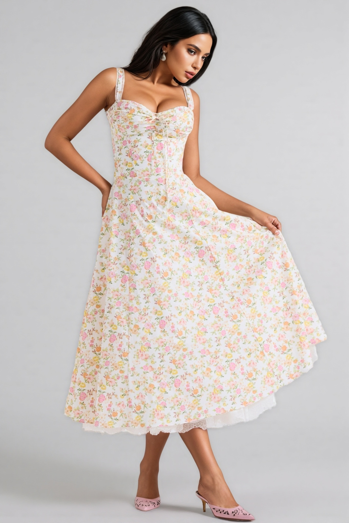 Emork Meadow Floral Print Cotton Bustier Midi Dress