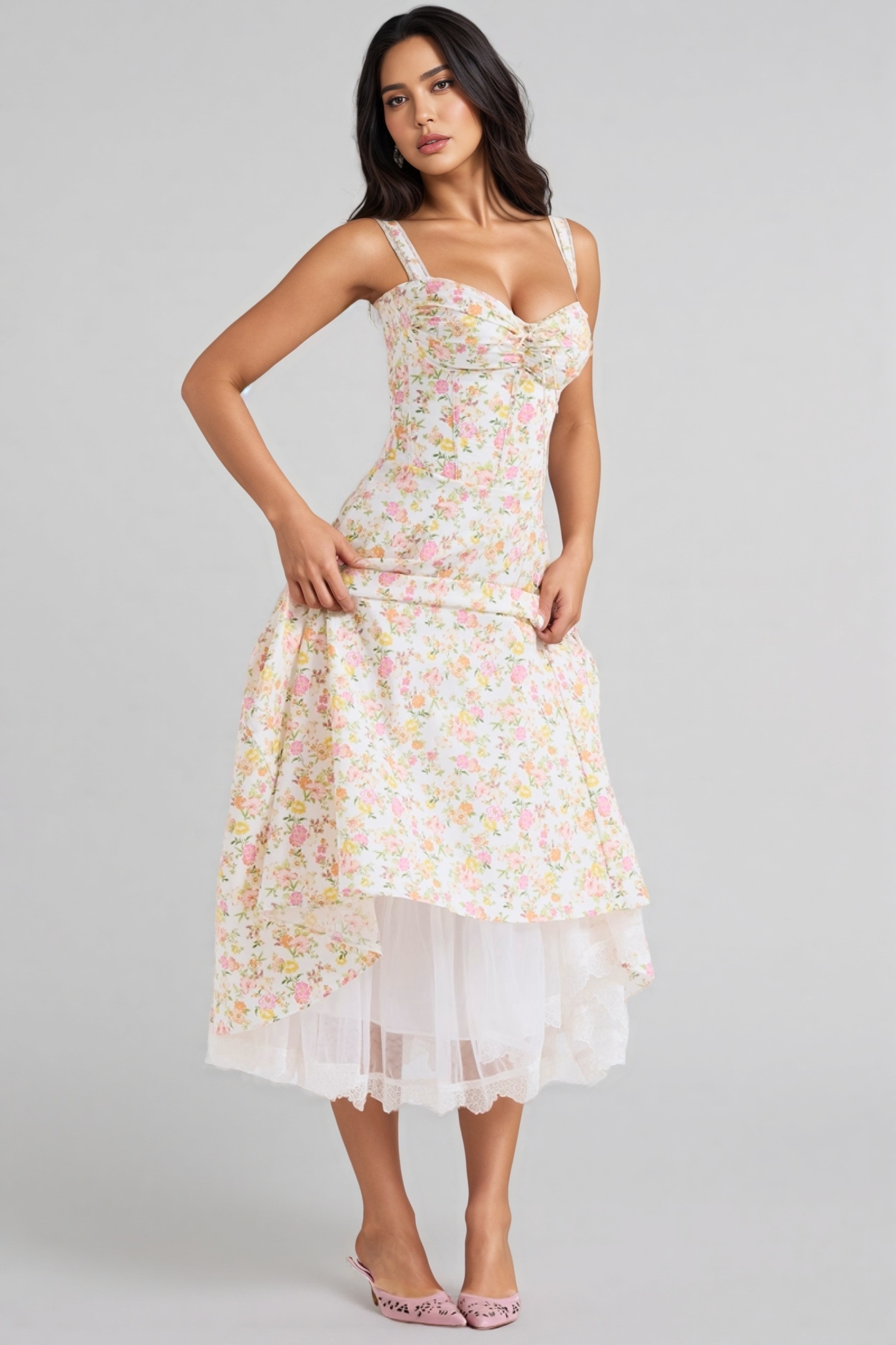 Emork Meadow Floral Print Cotton Bustier Midi Dress