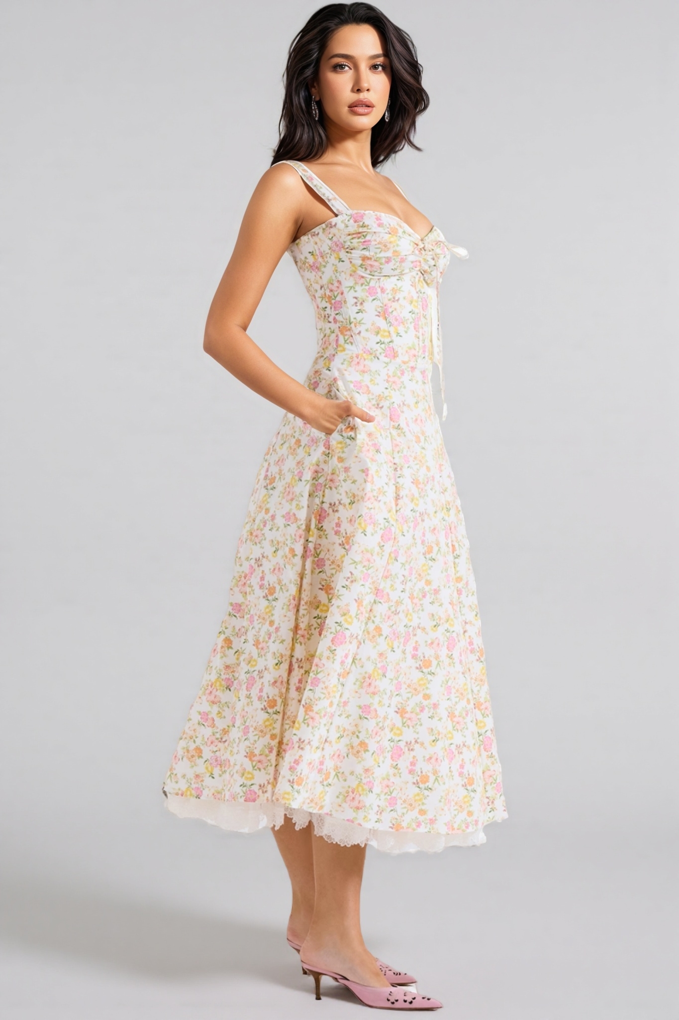 Emork Meadow Floral Print Cotton Bustier Midi Dress