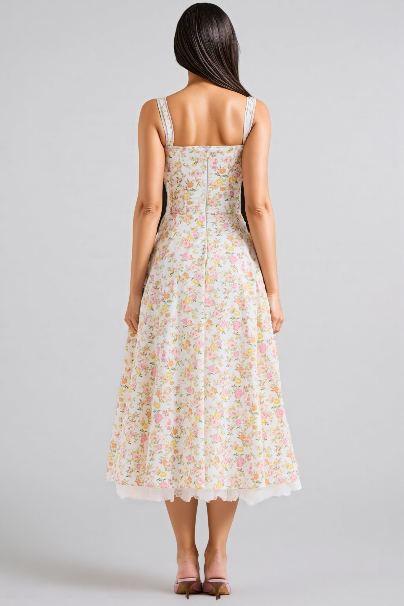Emork Meadow Floral Print Cotton Bustier Midi Dress