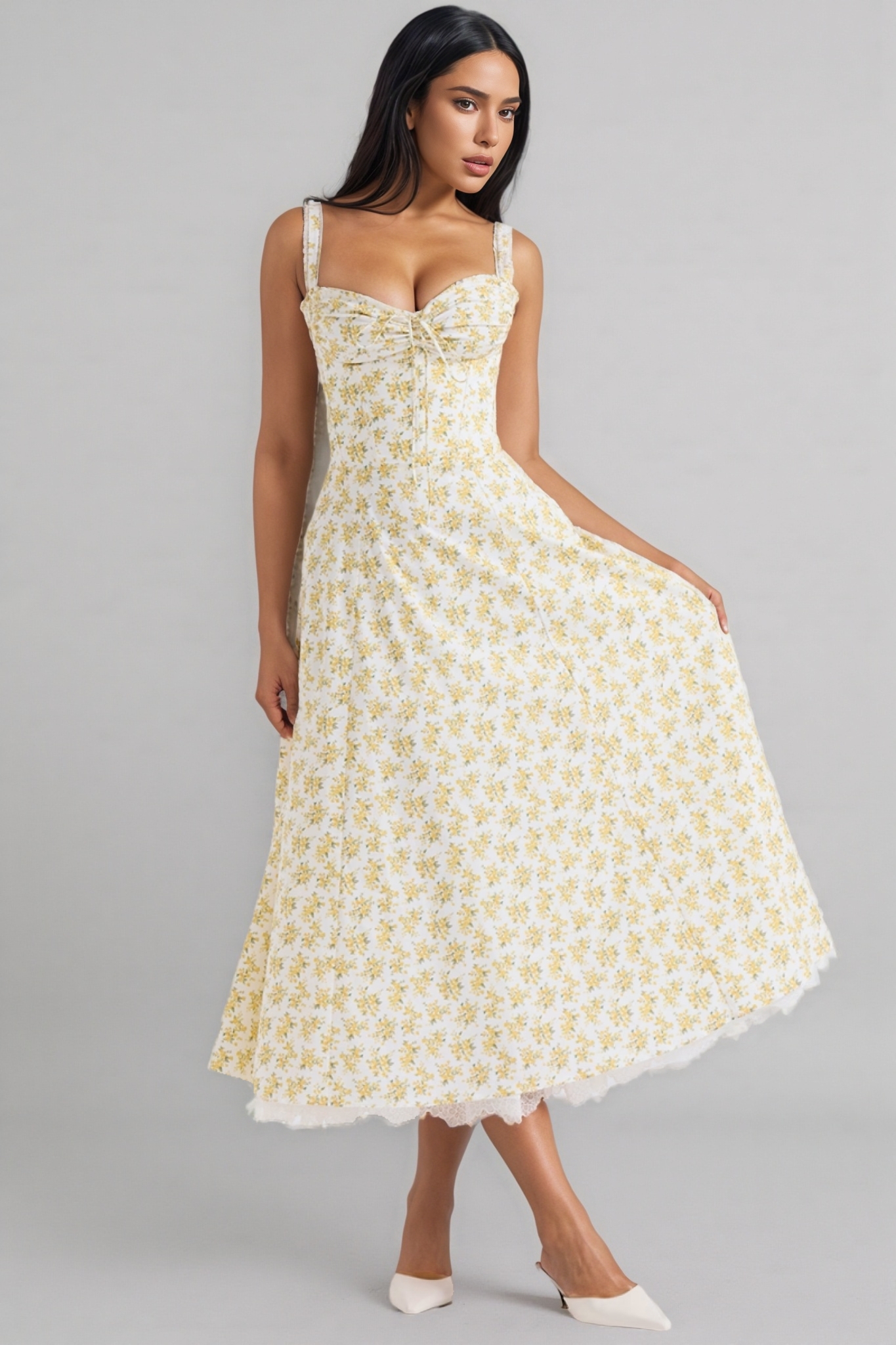 Larkt White Vintage Floral Print Cotton Midi Dress