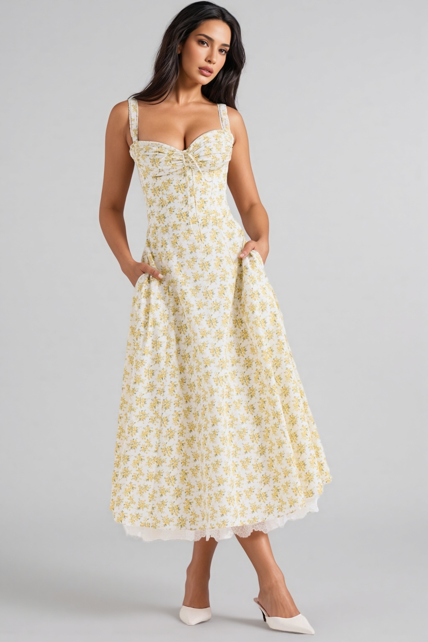 Larkt White Vintage Floral Print Cotton Midi Dress