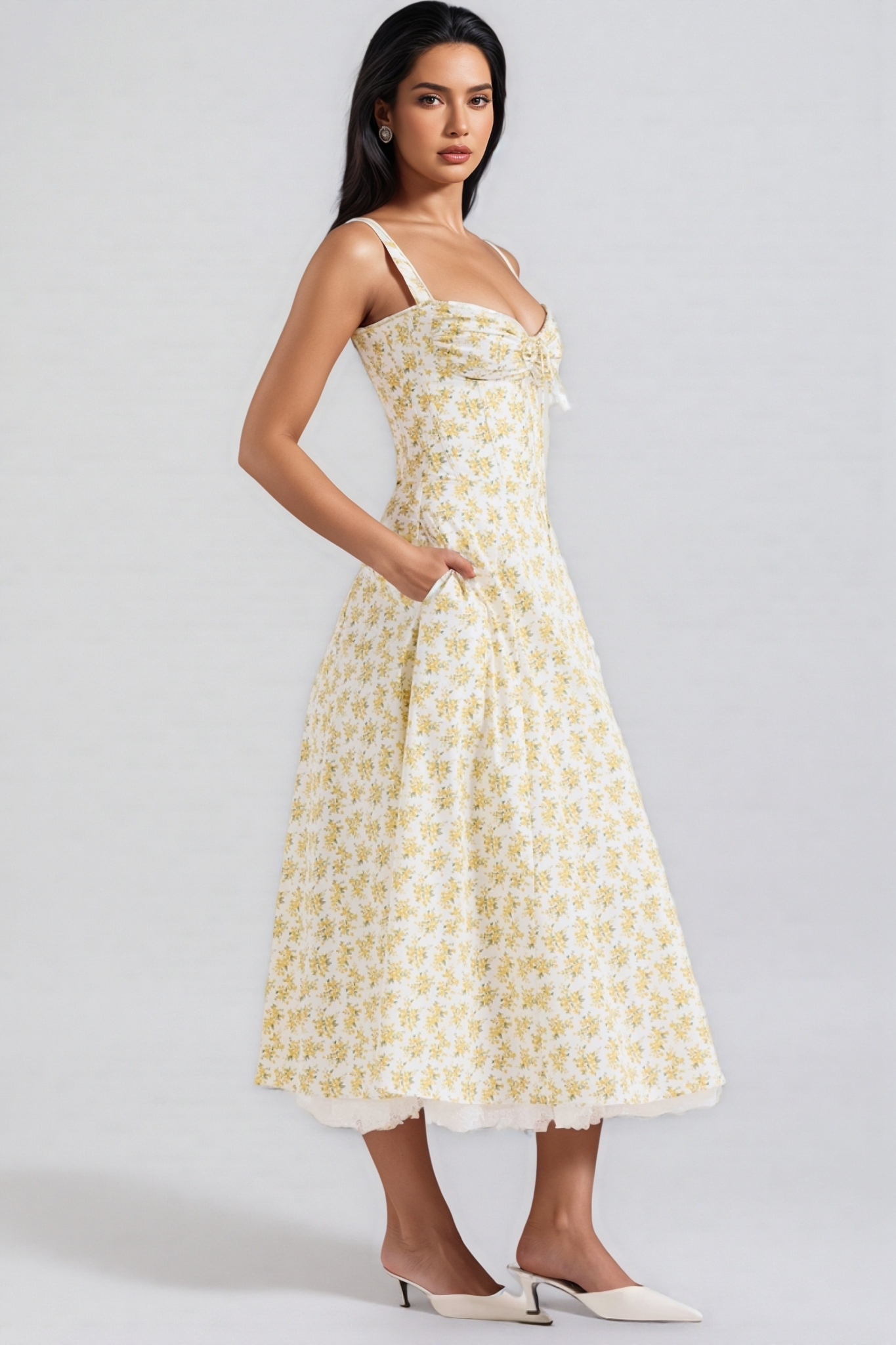 Larkt White Vintage Floral Print Cotton Midi Dress