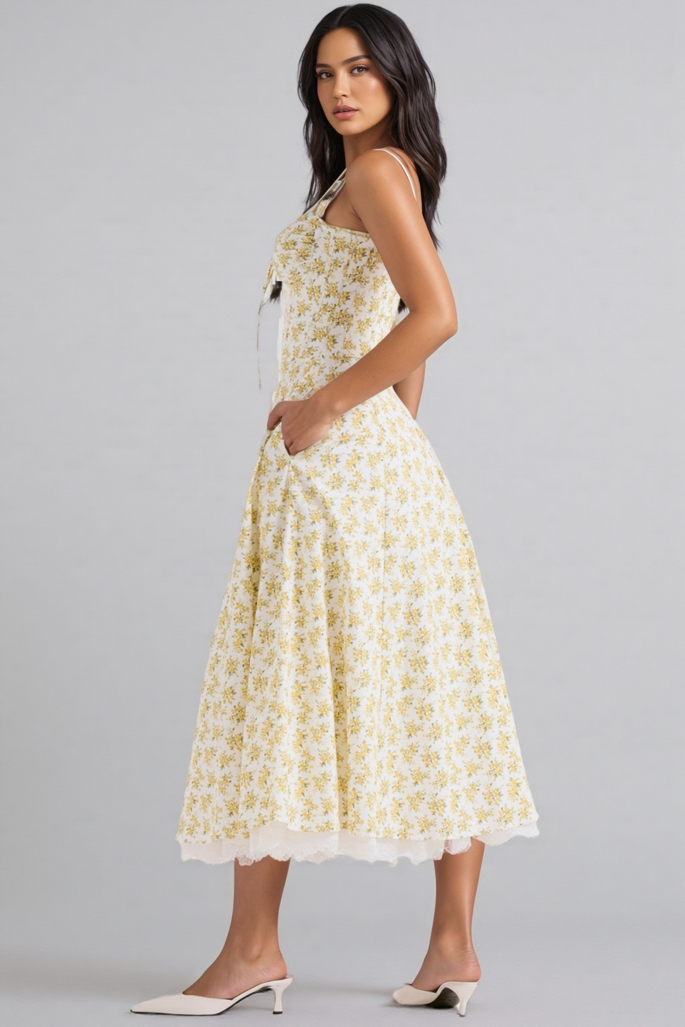 Larkt White Vintage Floral Print Cotton Midi Dress