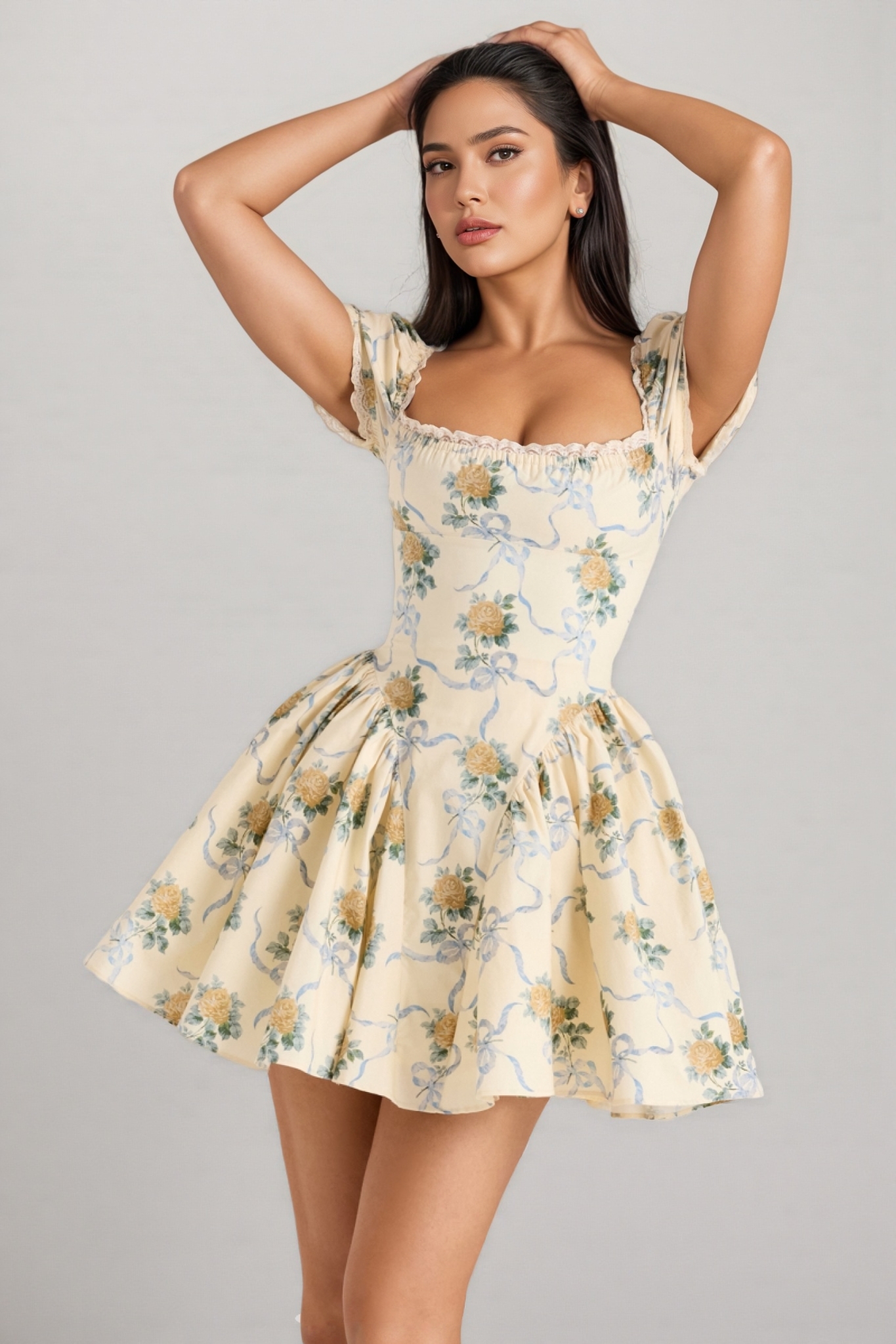 Damarl Lemon Rose Print Cotton Mini Dress