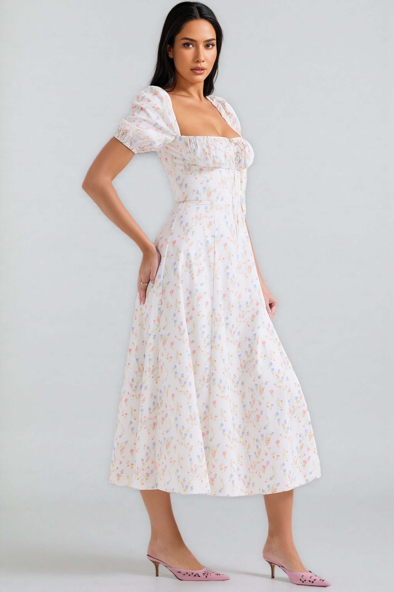 Arwen Print Cotton Puff Sleeve Midi Dress