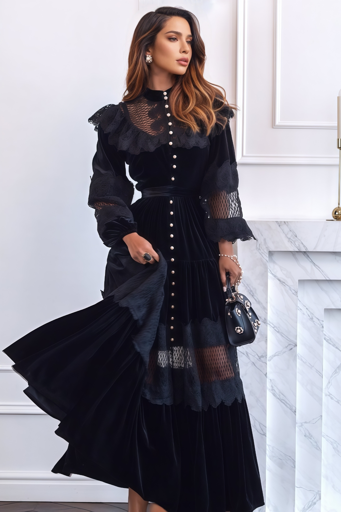 Sorelf Lace Floral Cutout Maxi Dress