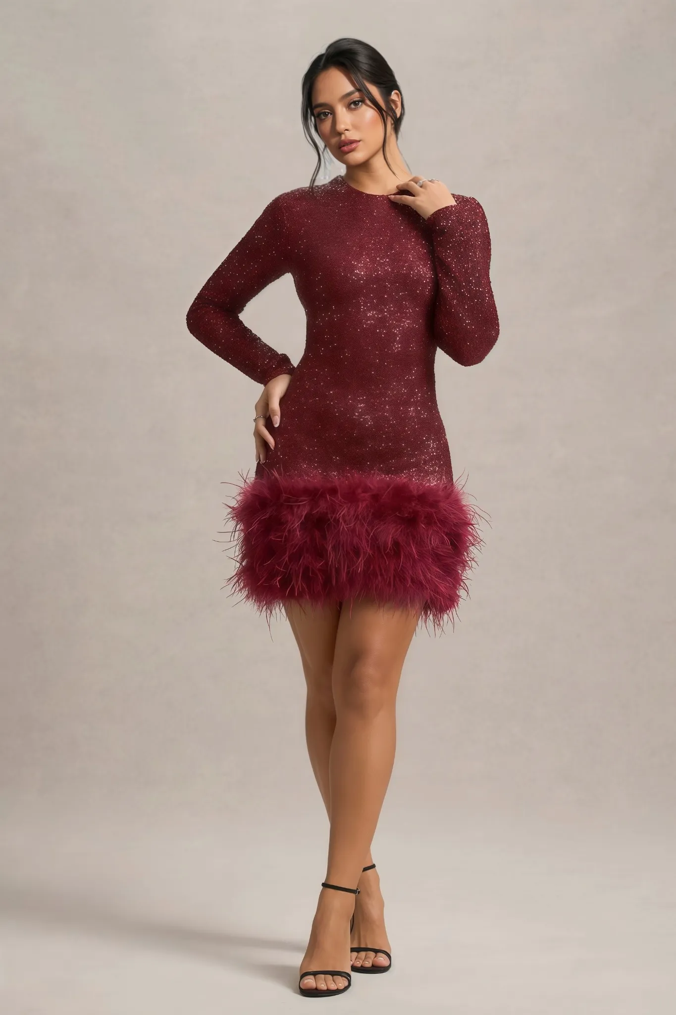 Kuka Red Sequin Feather Mini Dress