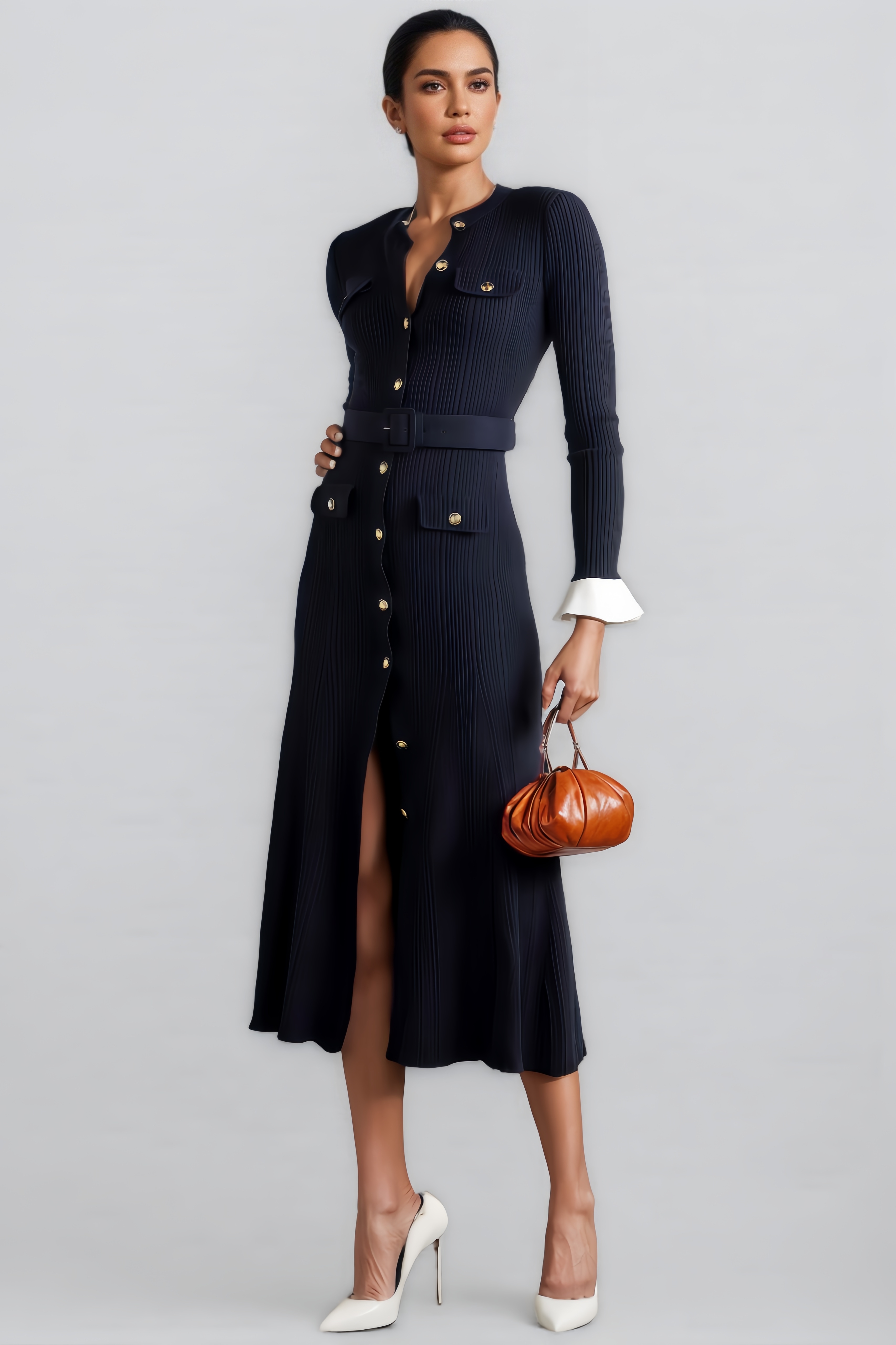 Anula Rib Knit Belted Midi Dress