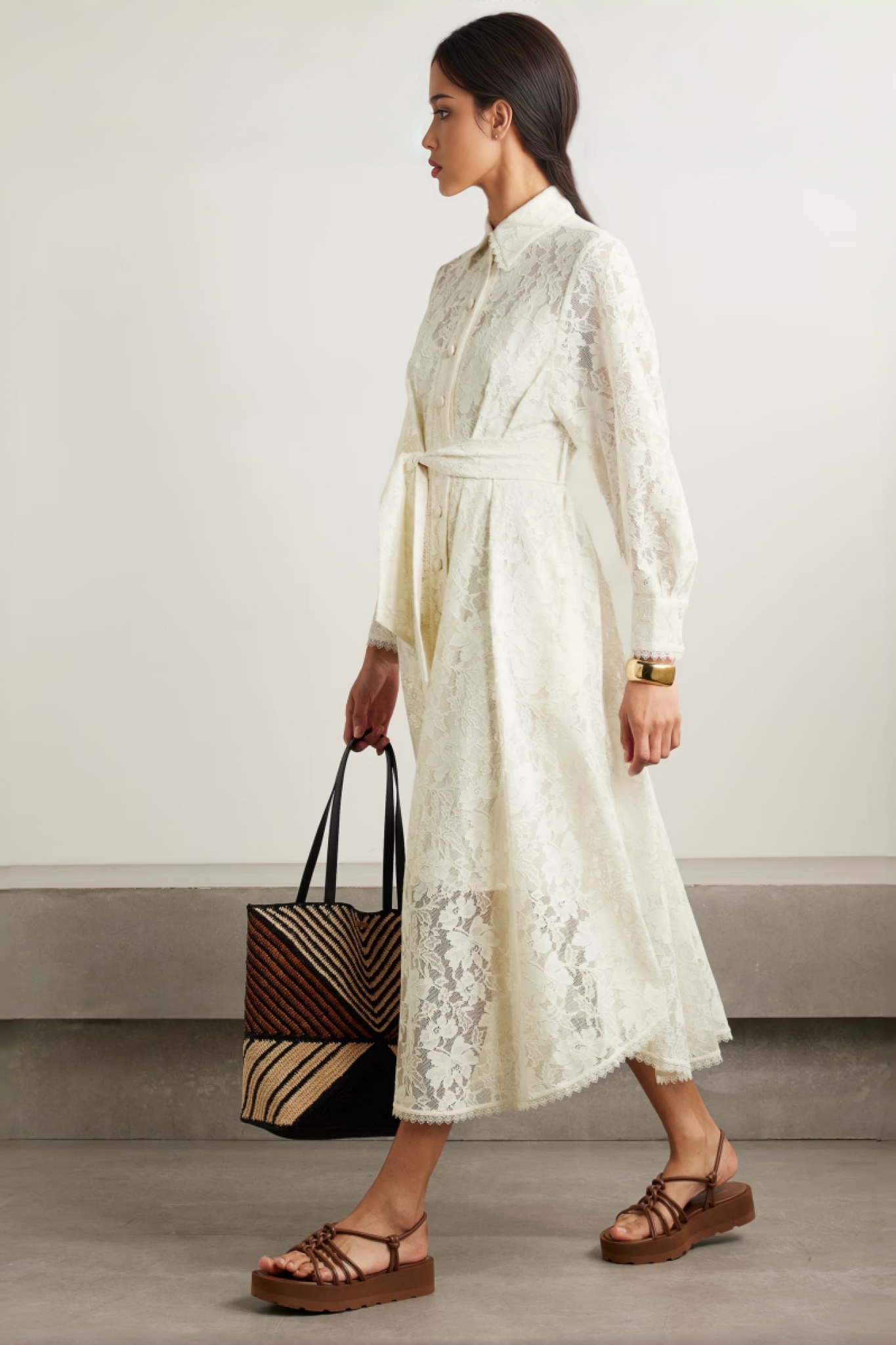 Melis Pleated Corded Lace Midi Dress