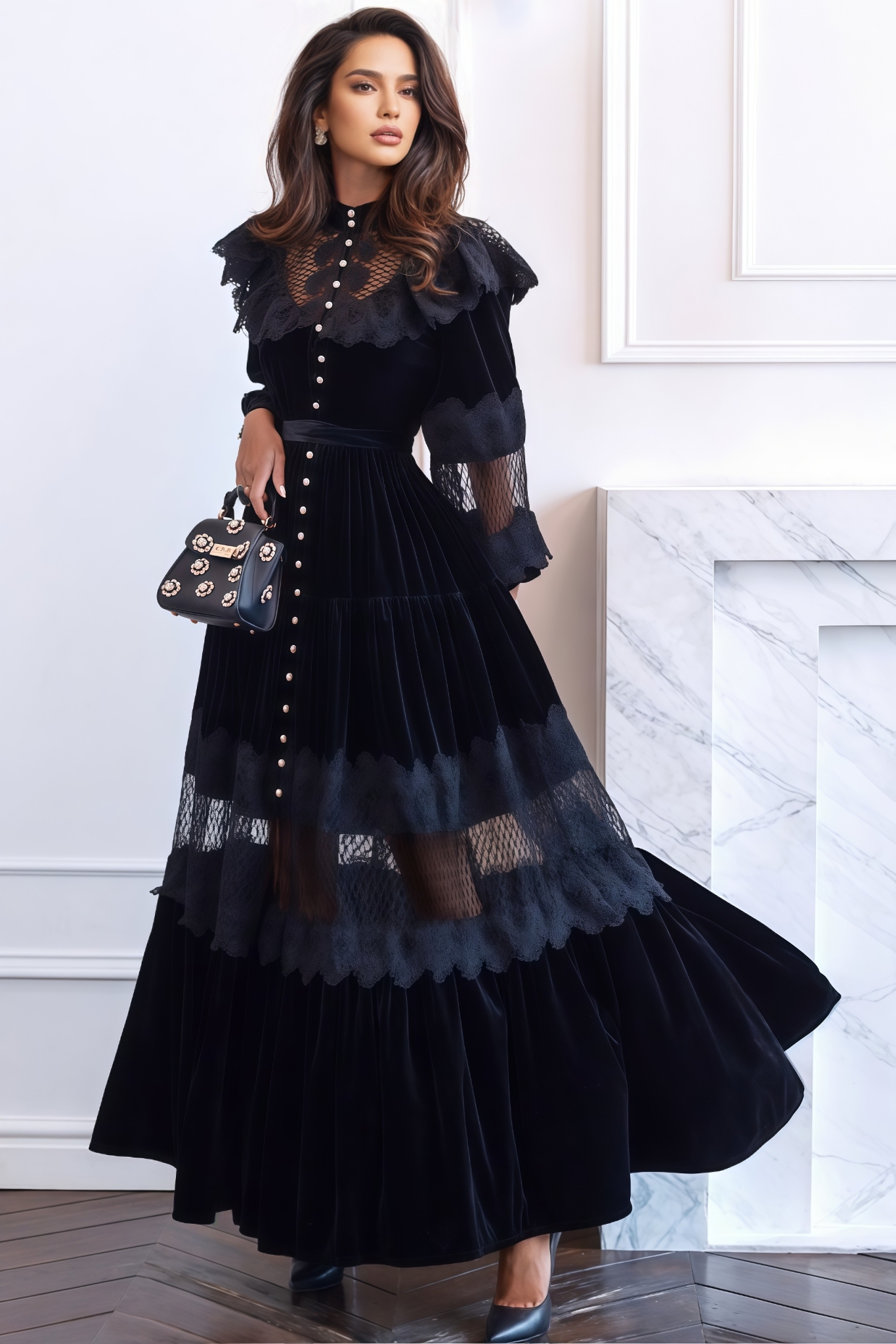 Sorelf Lace Floral Cutout Maxi Dress