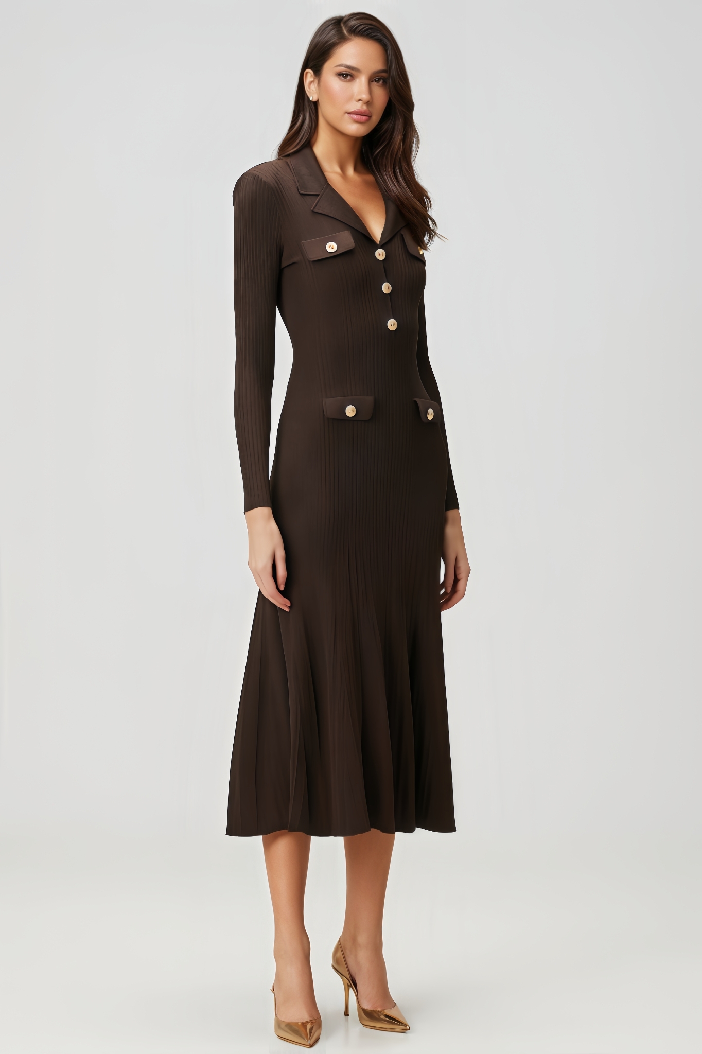 Miley Brown Rib Cocktail Midi Dress