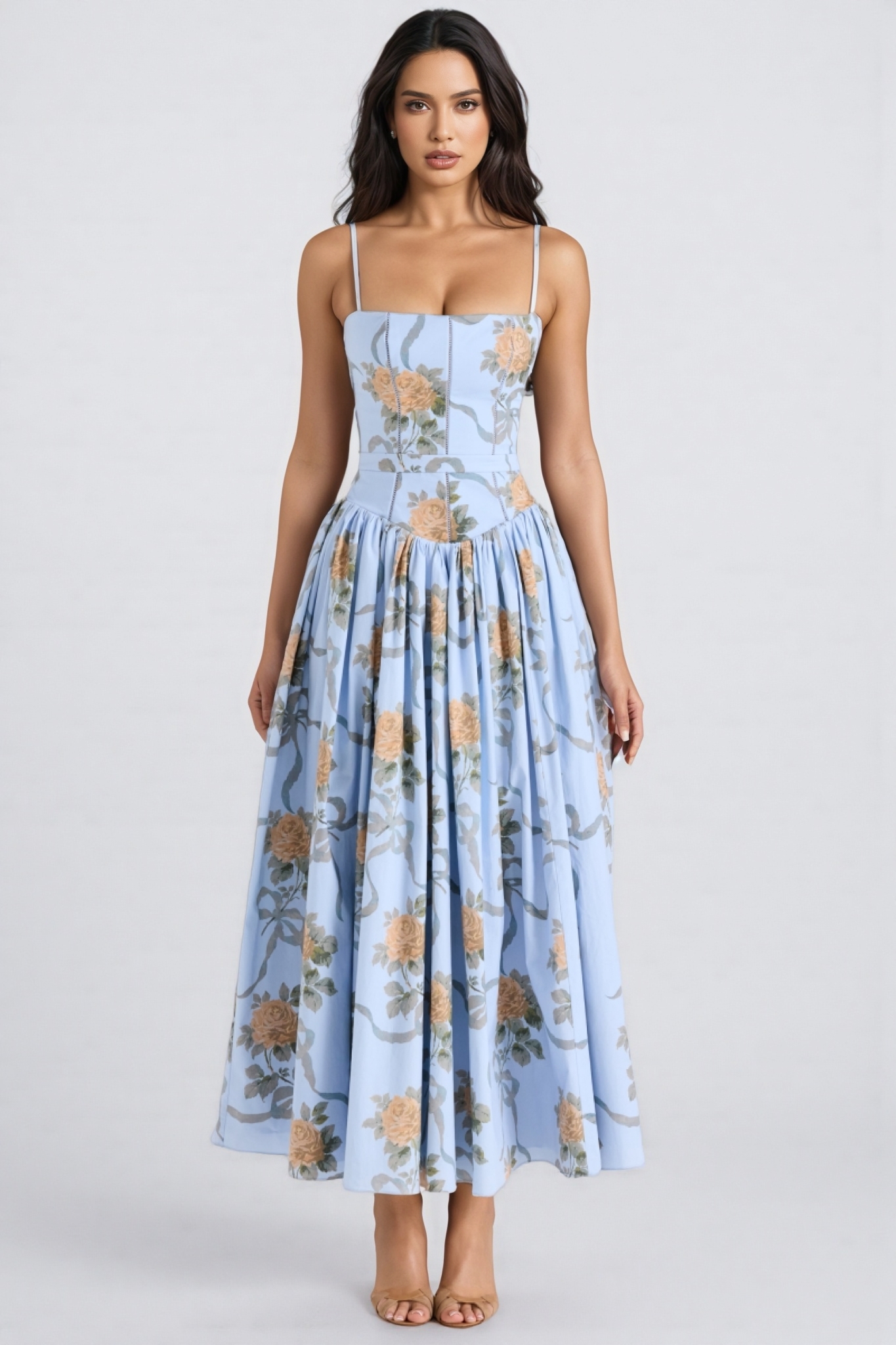 Aelin Blue Vintage Rose Print Cotton Midi Dress