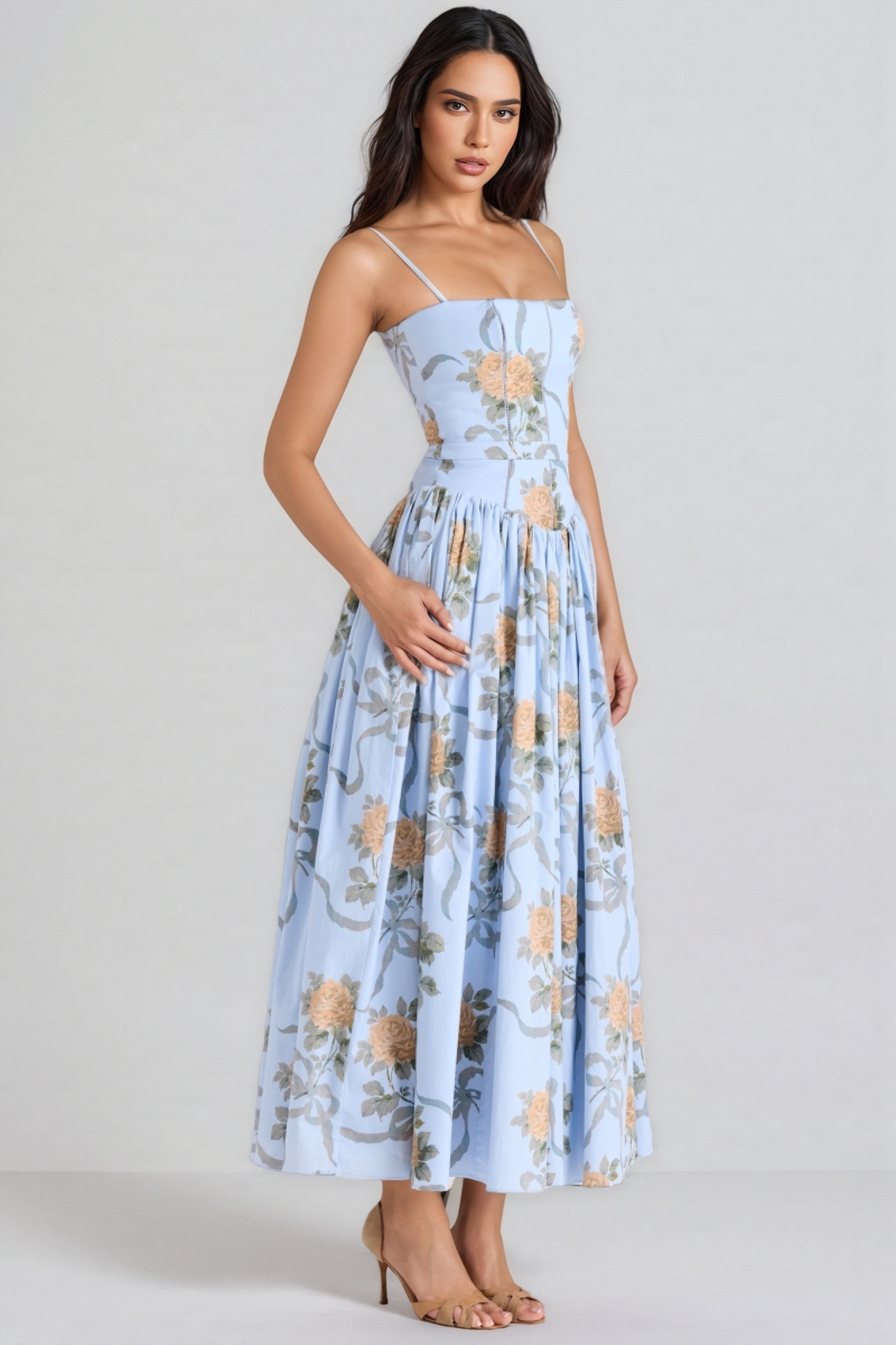 Aelin Blue Vintage Rose Print Cotton Midi Dress