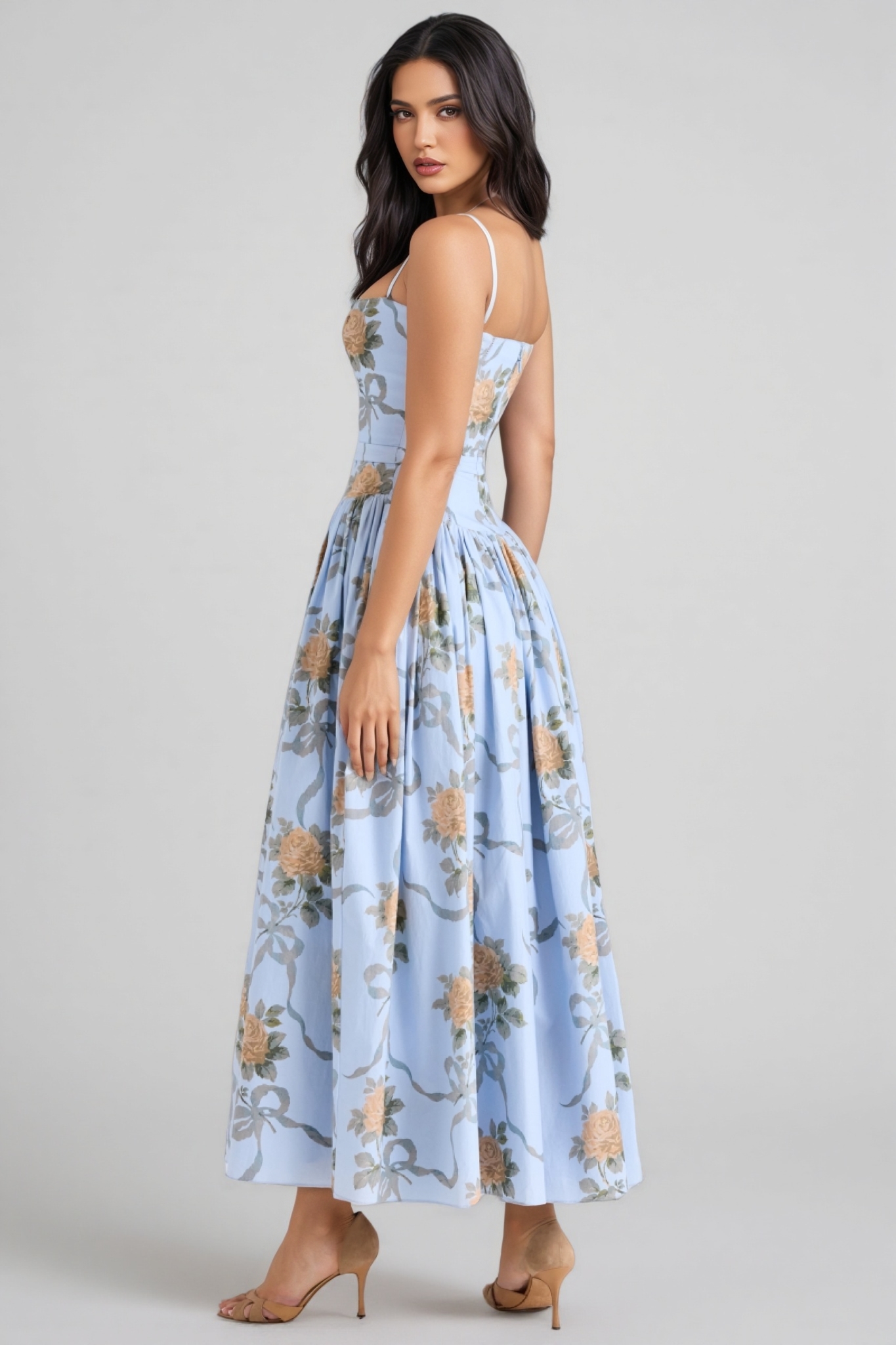 Aelin Blue Vintage Rose Print Cotton Midi Dress