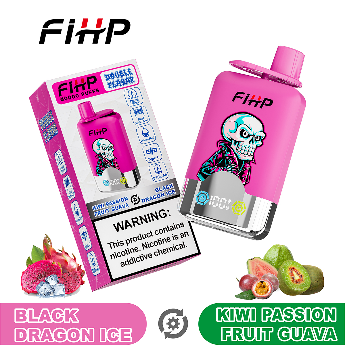 FIHP 40000 Puffs Double Flavors| 2%-5% nicotine, 36mL, LED display, bulk disposable vape