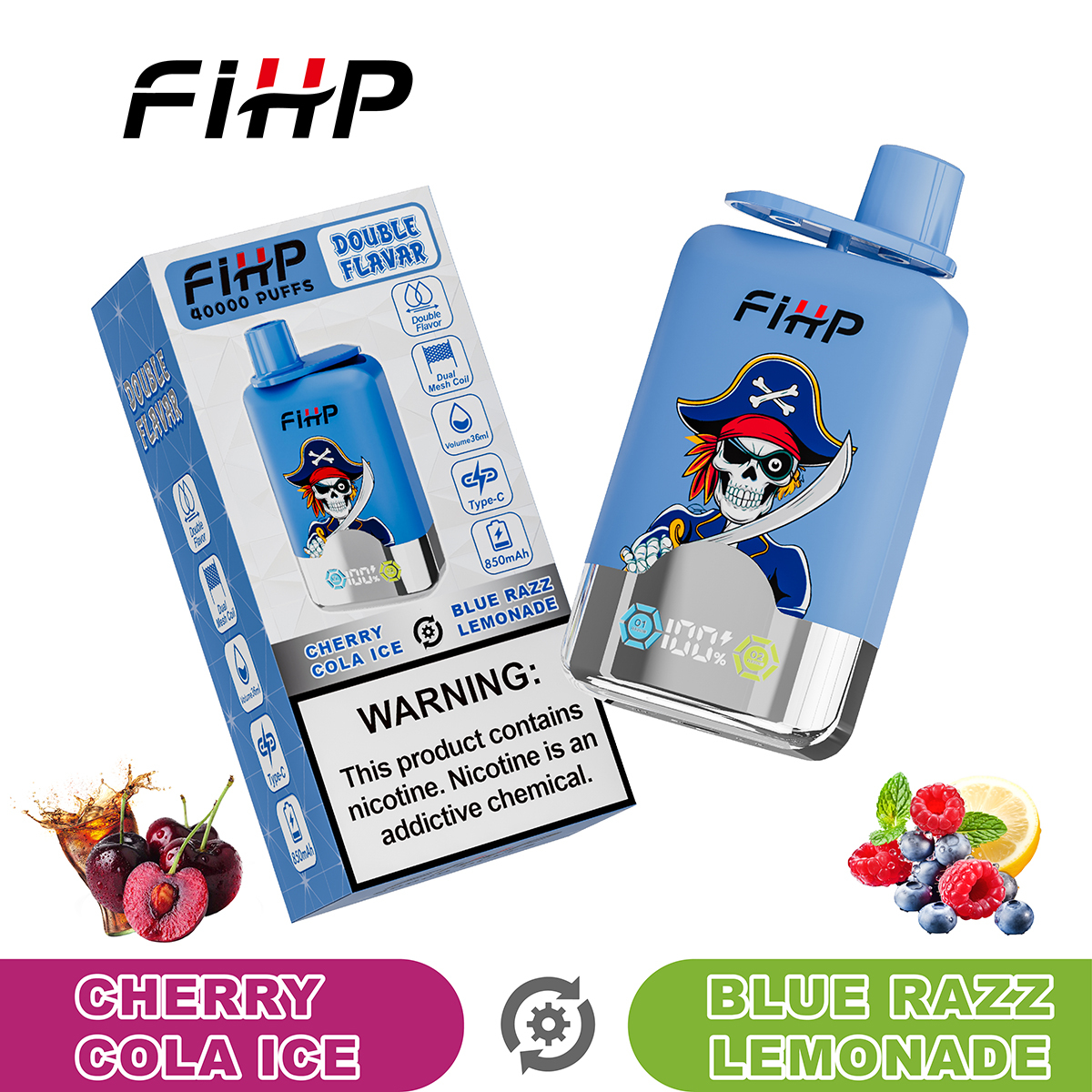 FIHP 40000 Puffs Double Flavors| 2%-5% nicotine, 36mL, LED display, bulk disposable vape
