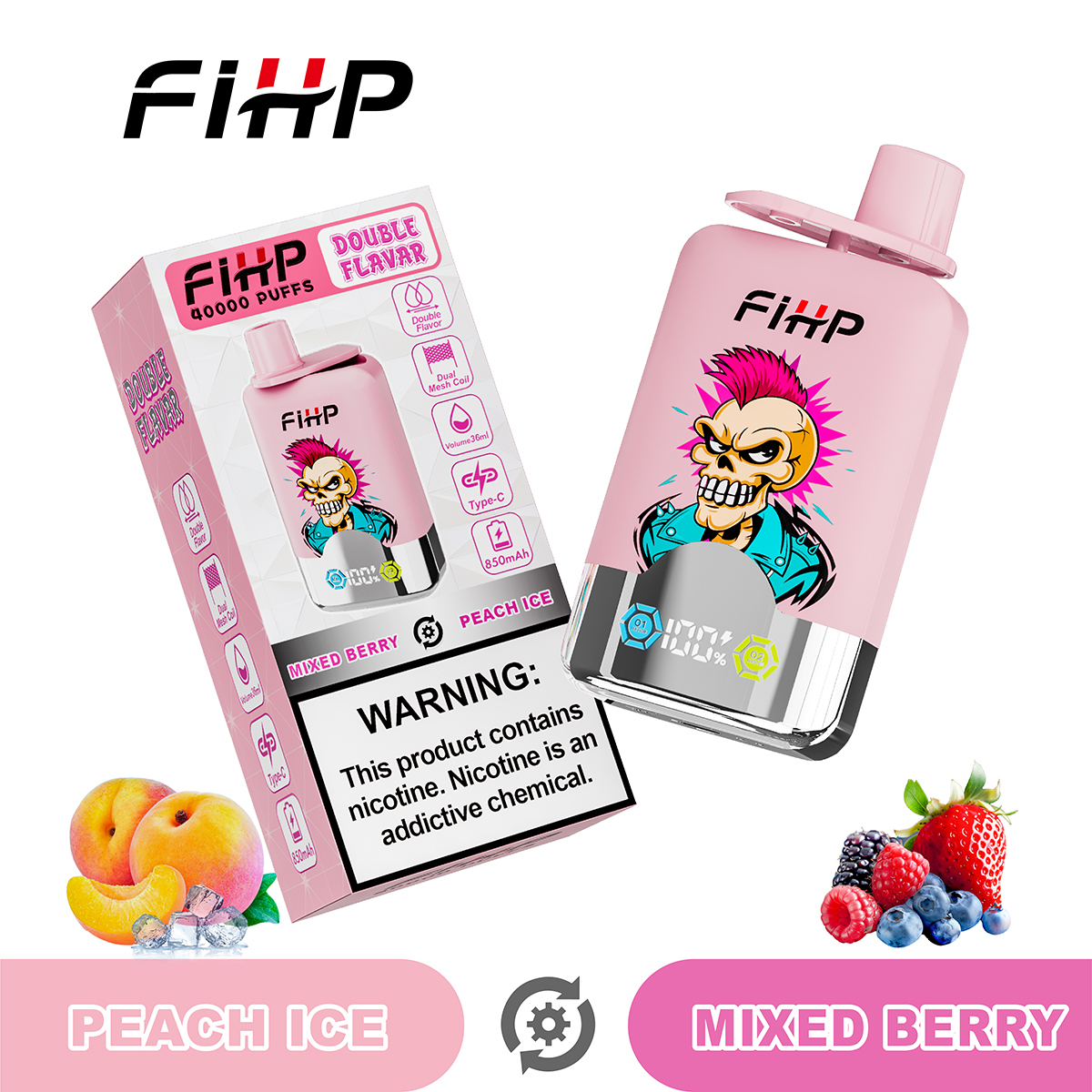FIHP 40000 Puffs Double Flavors| 2%-5% nicotine, 36mL, LED display, bulk disposable vape