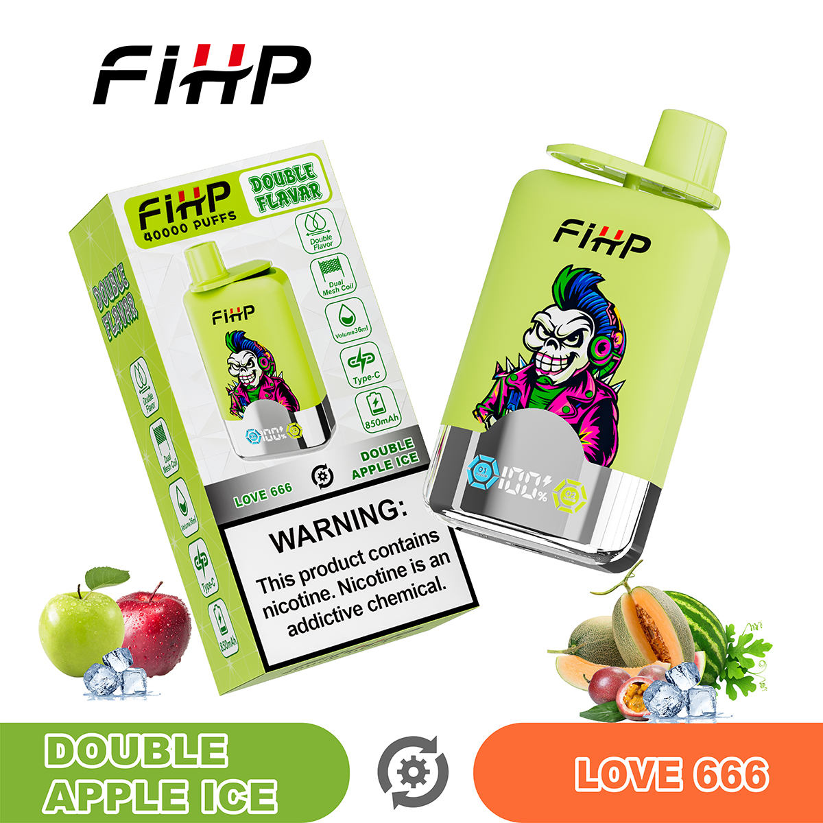 FIHP 40000 Puffs Double Flavors| 2%-5% nicotine, 36mL, LED display, bulk disposable vape