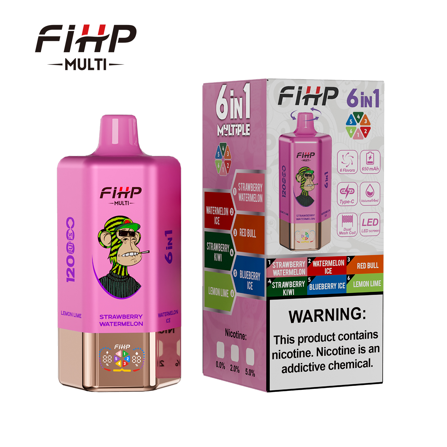 FIHP 120K 6-in-1 120000 Puffs | led screen multi-flavor 64ml high puff count bulk disposable vape