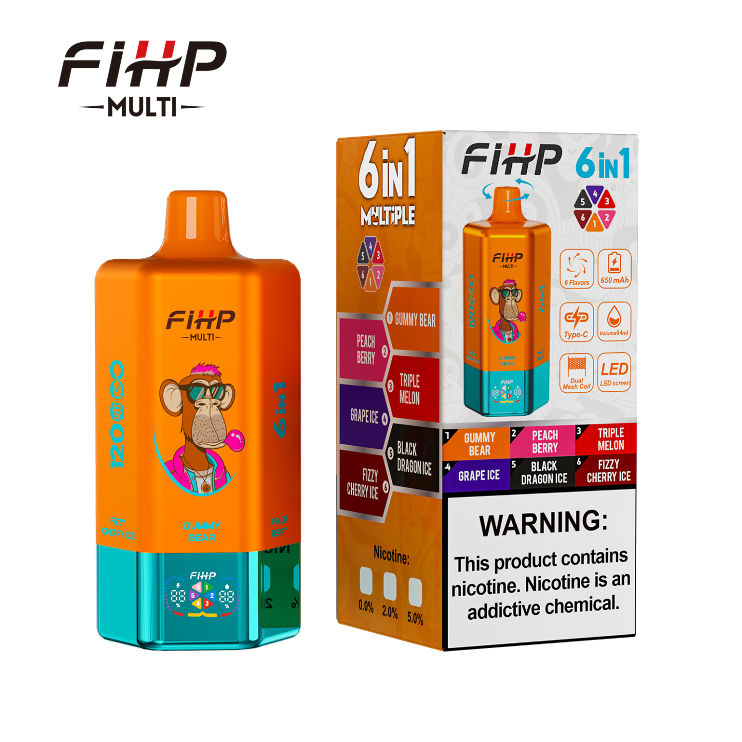 FIHP 120K 6-in-1 120000 Puffs | led screen multi-flavor 64ml high puff count bulk disposable vape