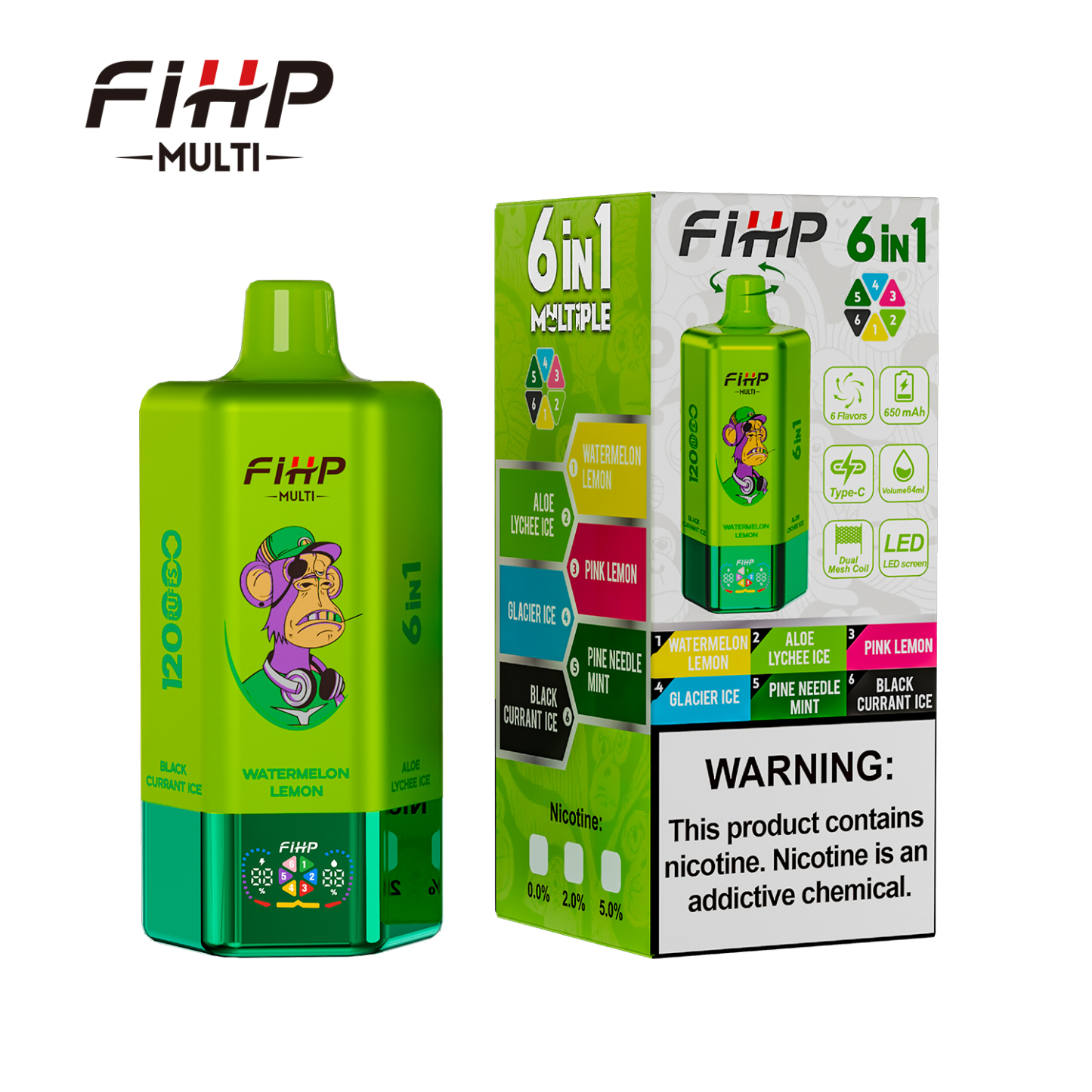 FIHP 120K 6-in-1 120000 Puffs | led screen multi-flavor 64ml high puff count bulk disposable vape