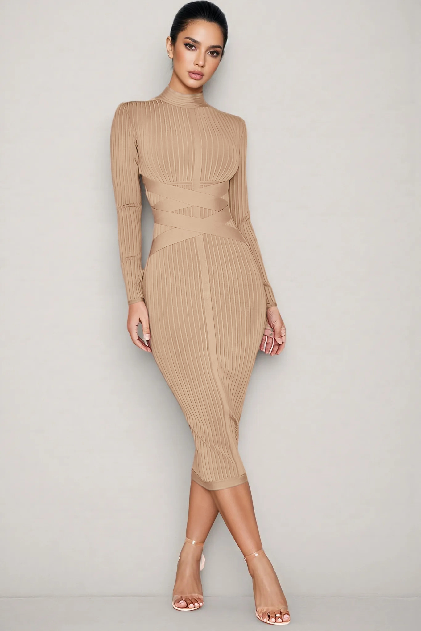 Layra Solid Colour Stand Collar Midi Dress-Brown