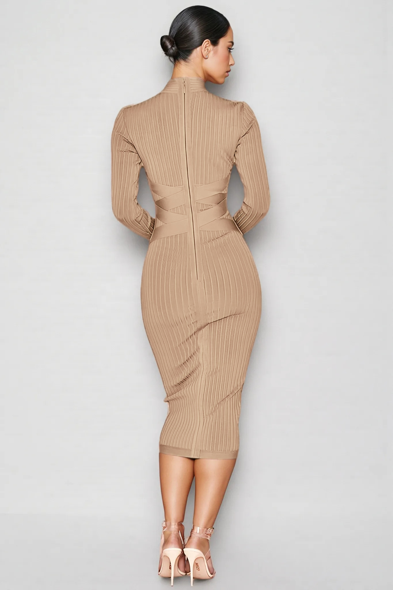 Layra Solid Colour Stand Collar Midi Dress-Brown