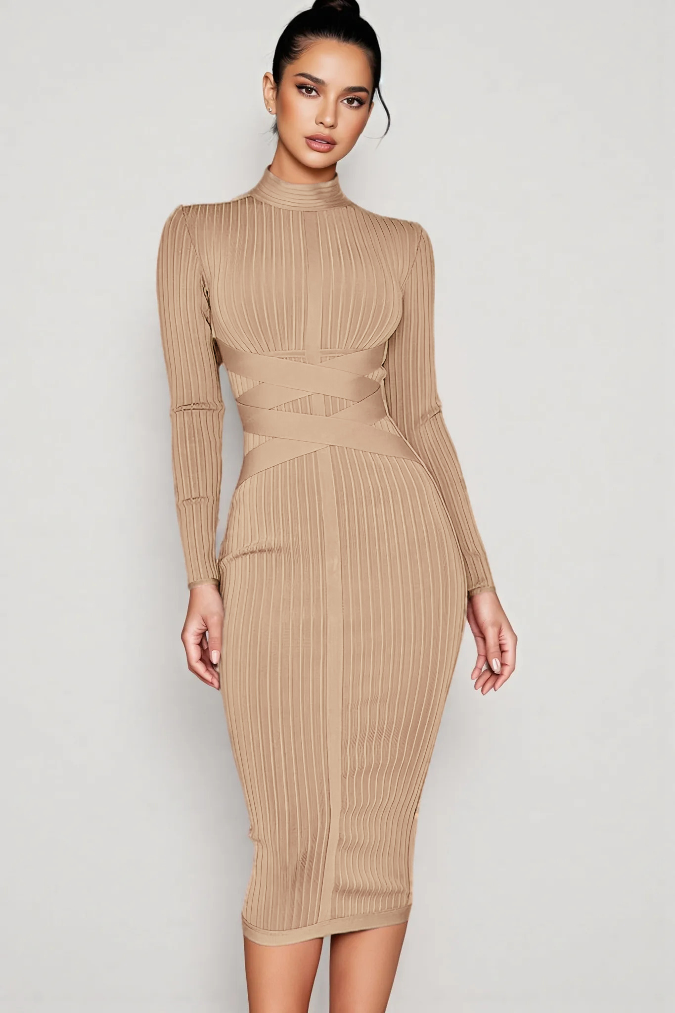 Layra Solid Colour Stand Collar Midi Dress-Brown