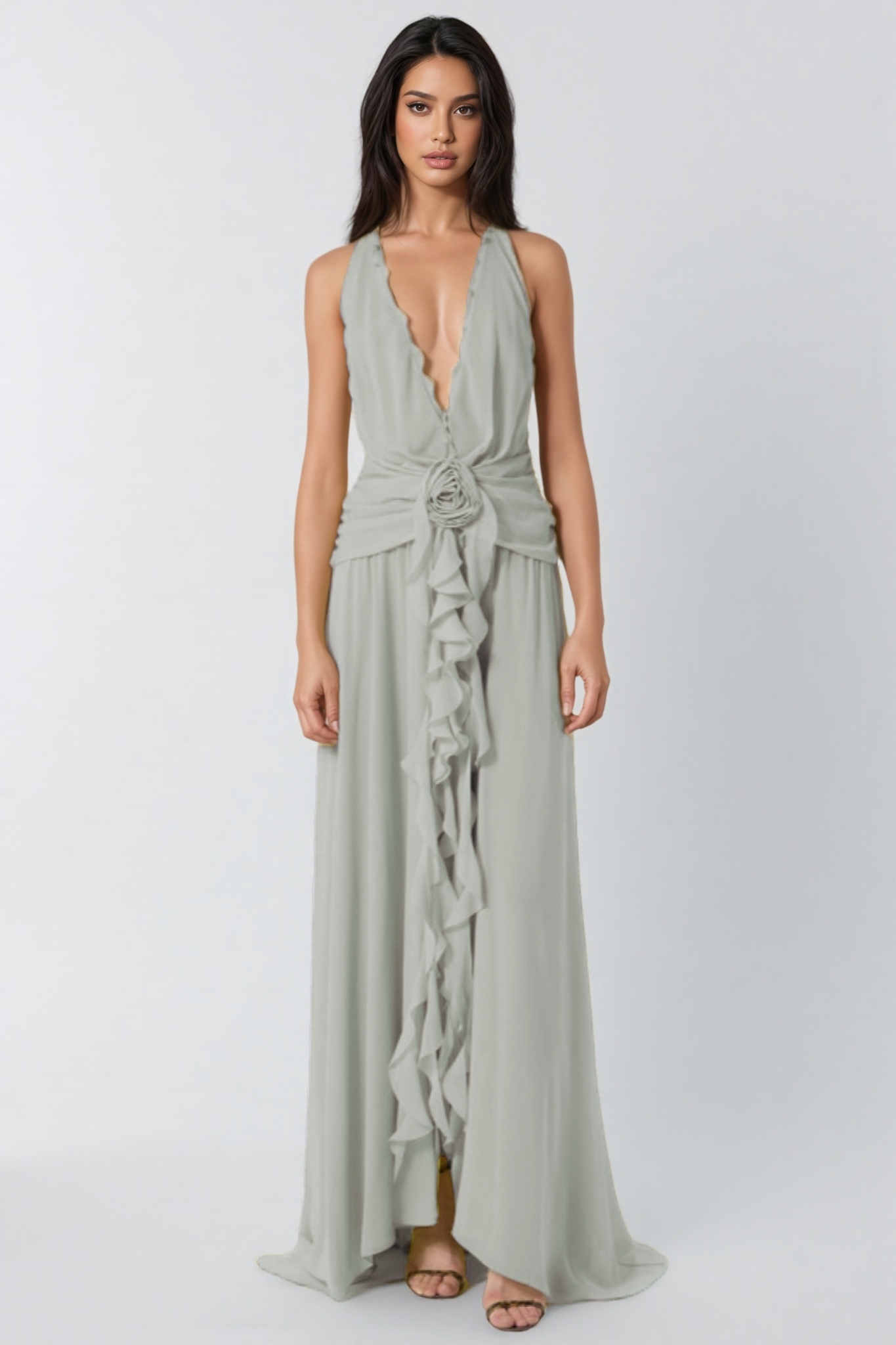 Xavif Green 3D Flower Ruffled Maxi Dress