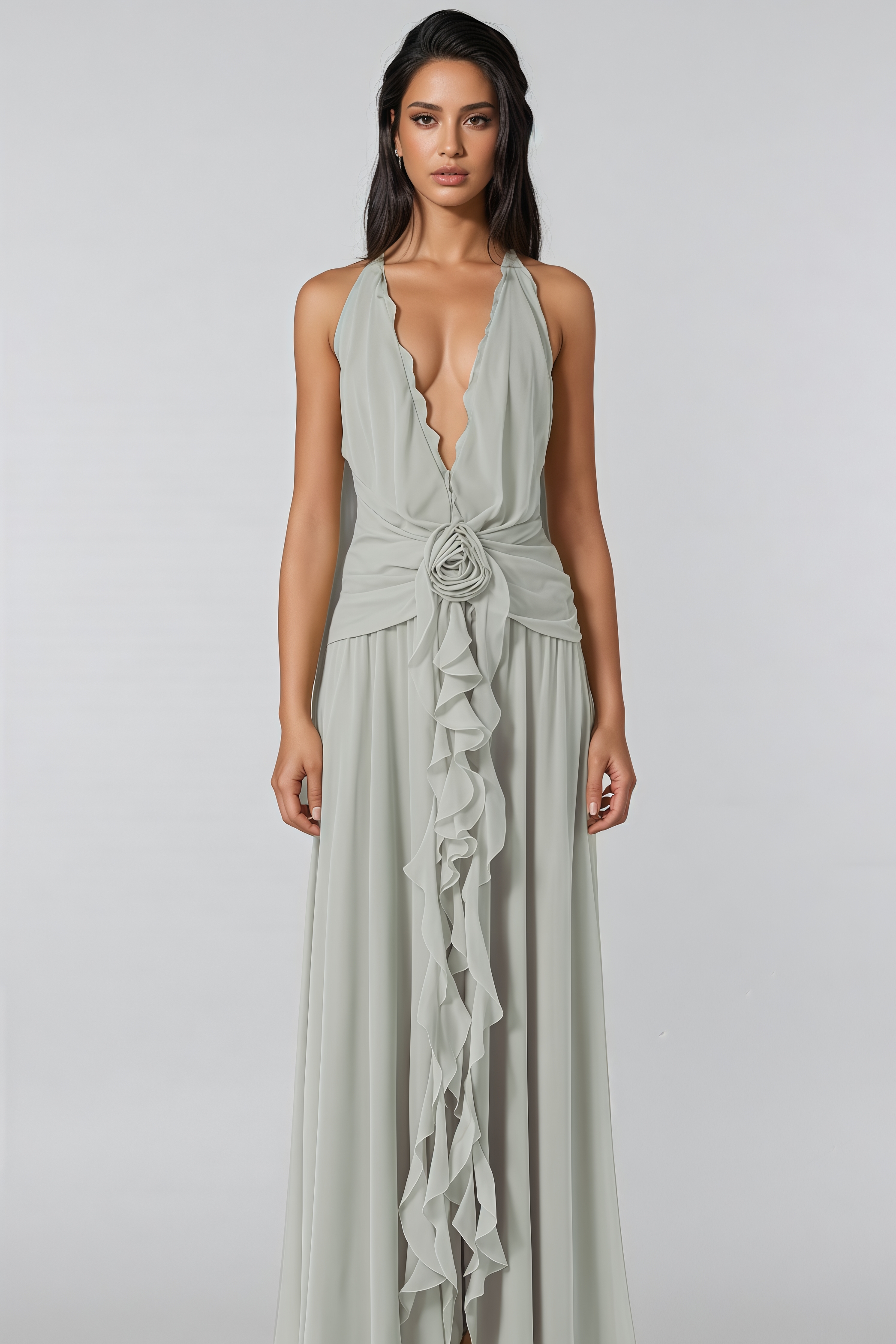 Xavif Green 3D Flower Ruffled Maxi Dress