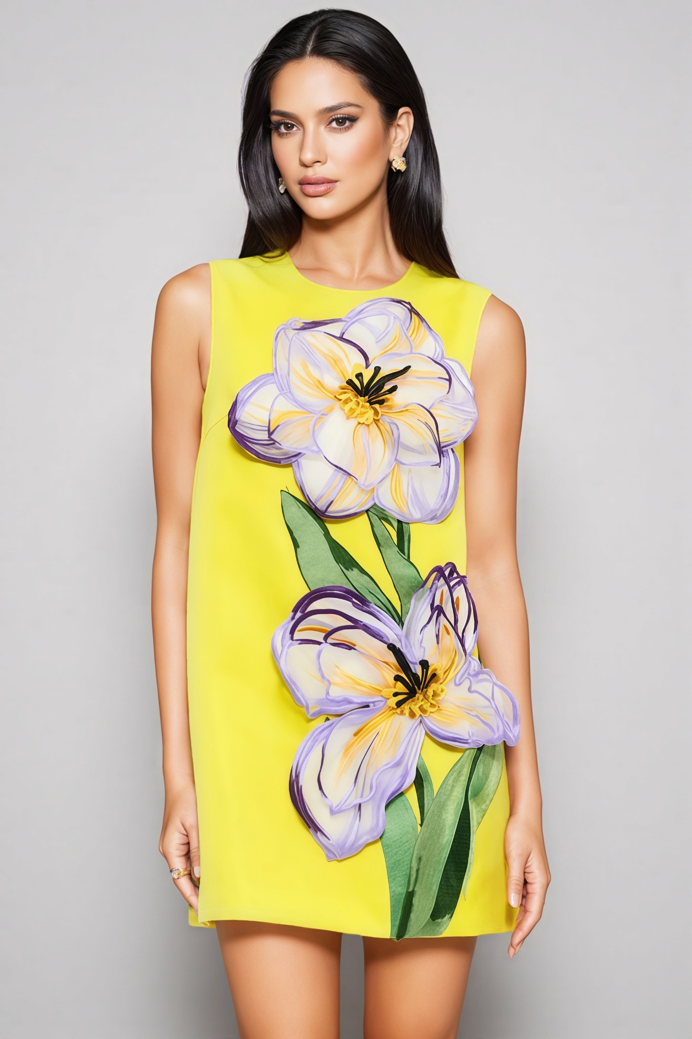 Garrisf Yellow 3D Floral Mini Dress
