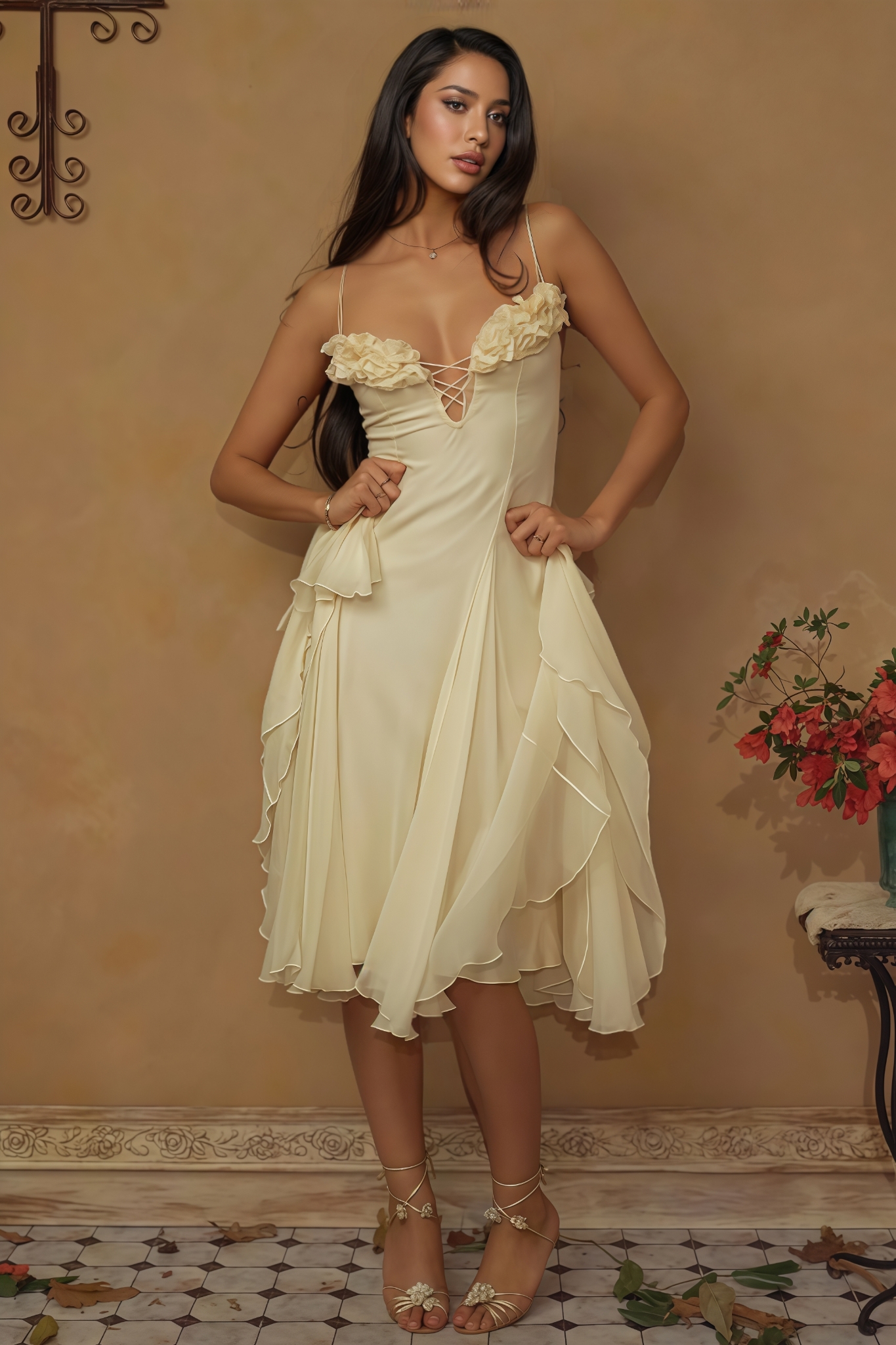 Aldridge Yellow Strapless Mesh Midi Dress