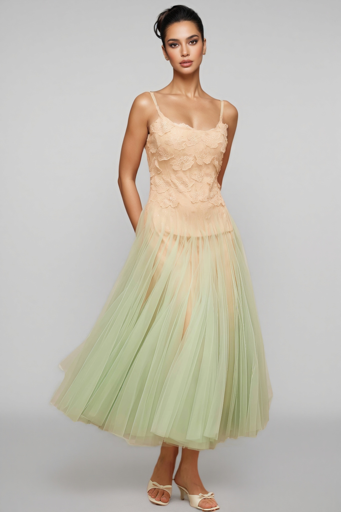 Ylane Halter Mesh Puff Maxi Dress