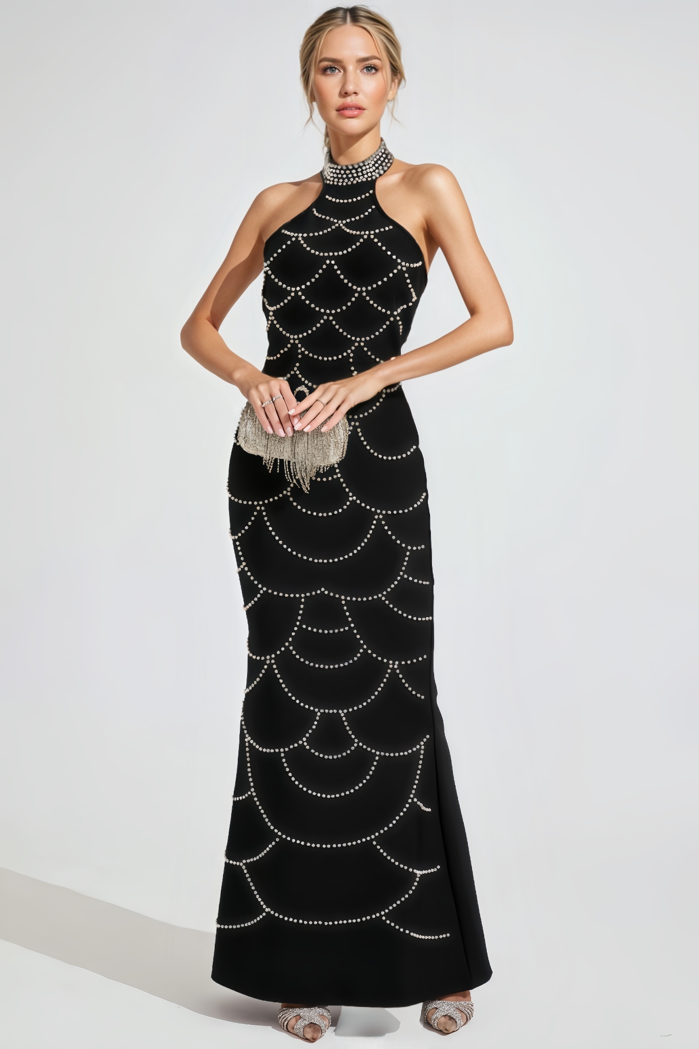 Satu Pearl Halter Bandage Maxi Dress