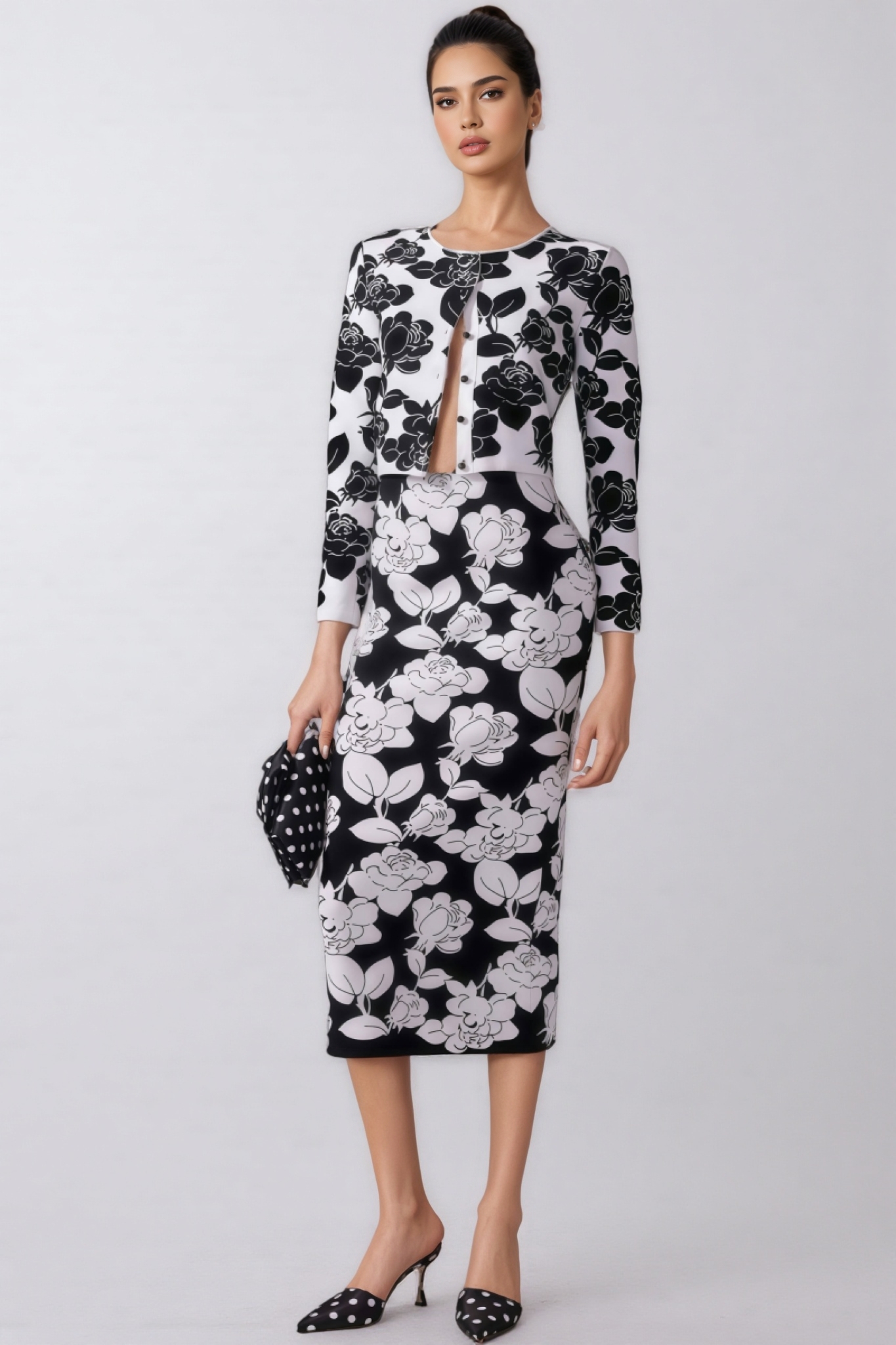 Elian Black and White Floral Midi Dress Set