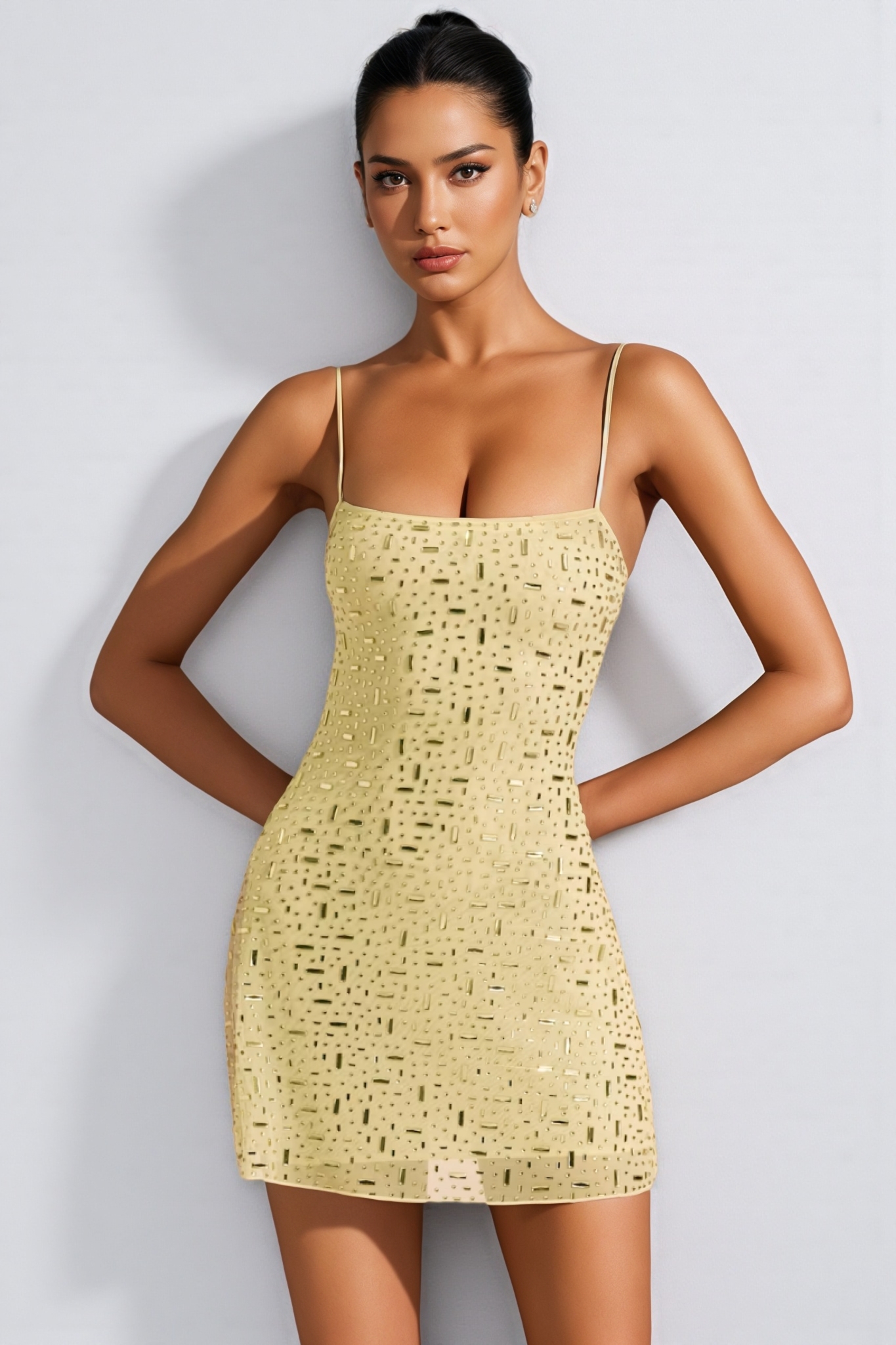 Kerra Yellow Sheer Square-Neck Mini Dress