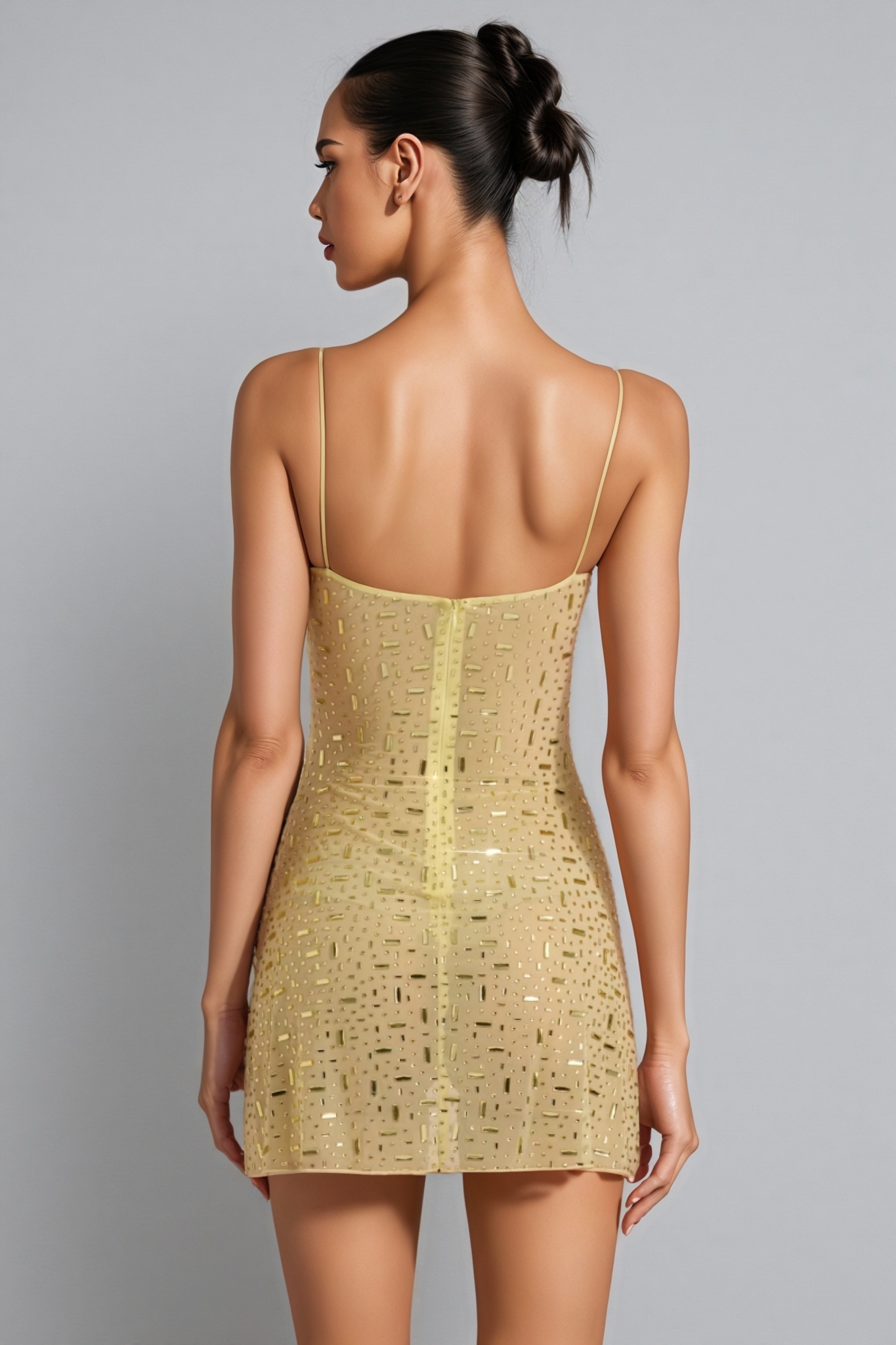 Kerra Yellow Sheer Square-Neck Mini Dress