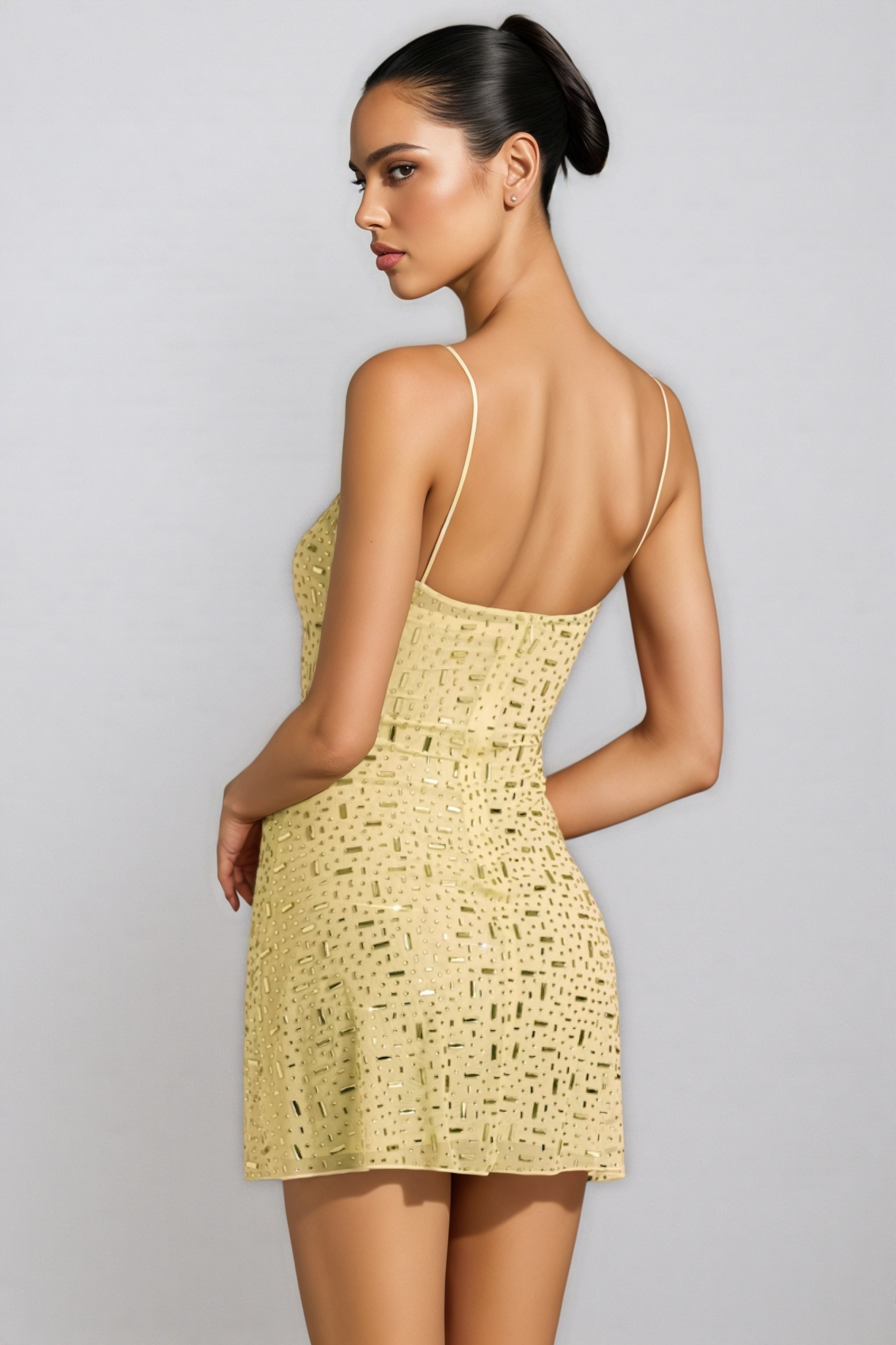 Kerra Yellow Sheer Square-Neck Mini Dress