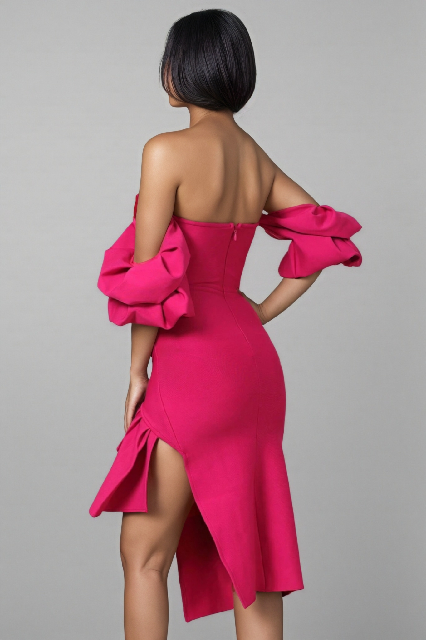 Lilad Lantern Sleeve Slit Midi Dress