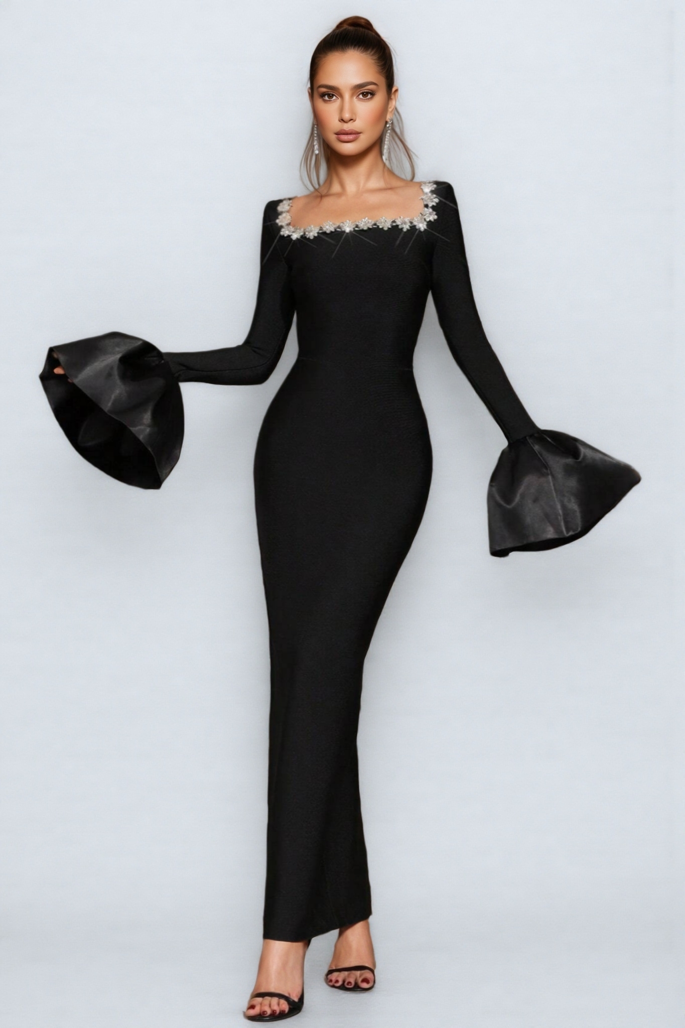 Marcen Studded Flared Sleeve Maxi Dress