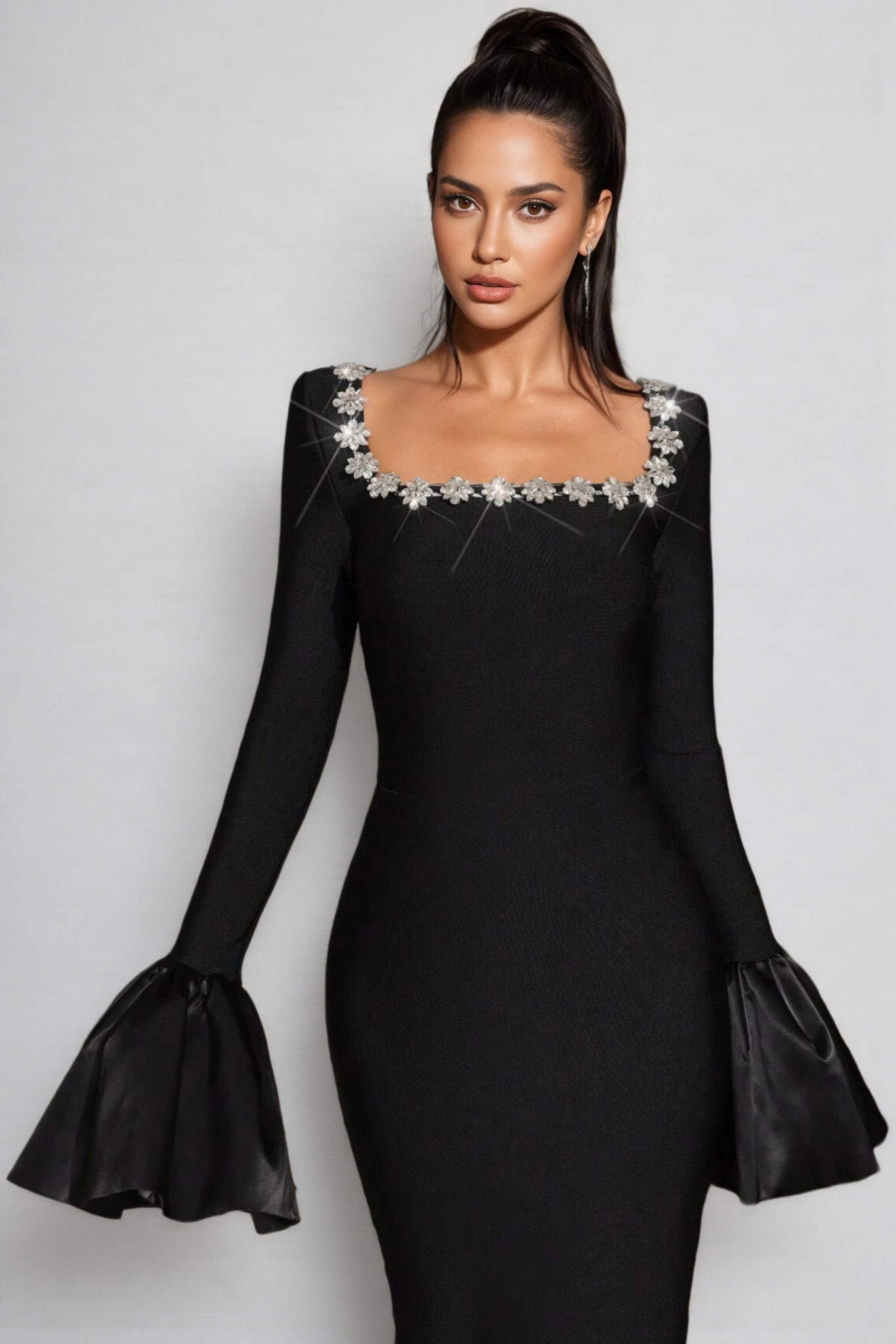 Marcen Studded Flared Sleeve Maxi Dress