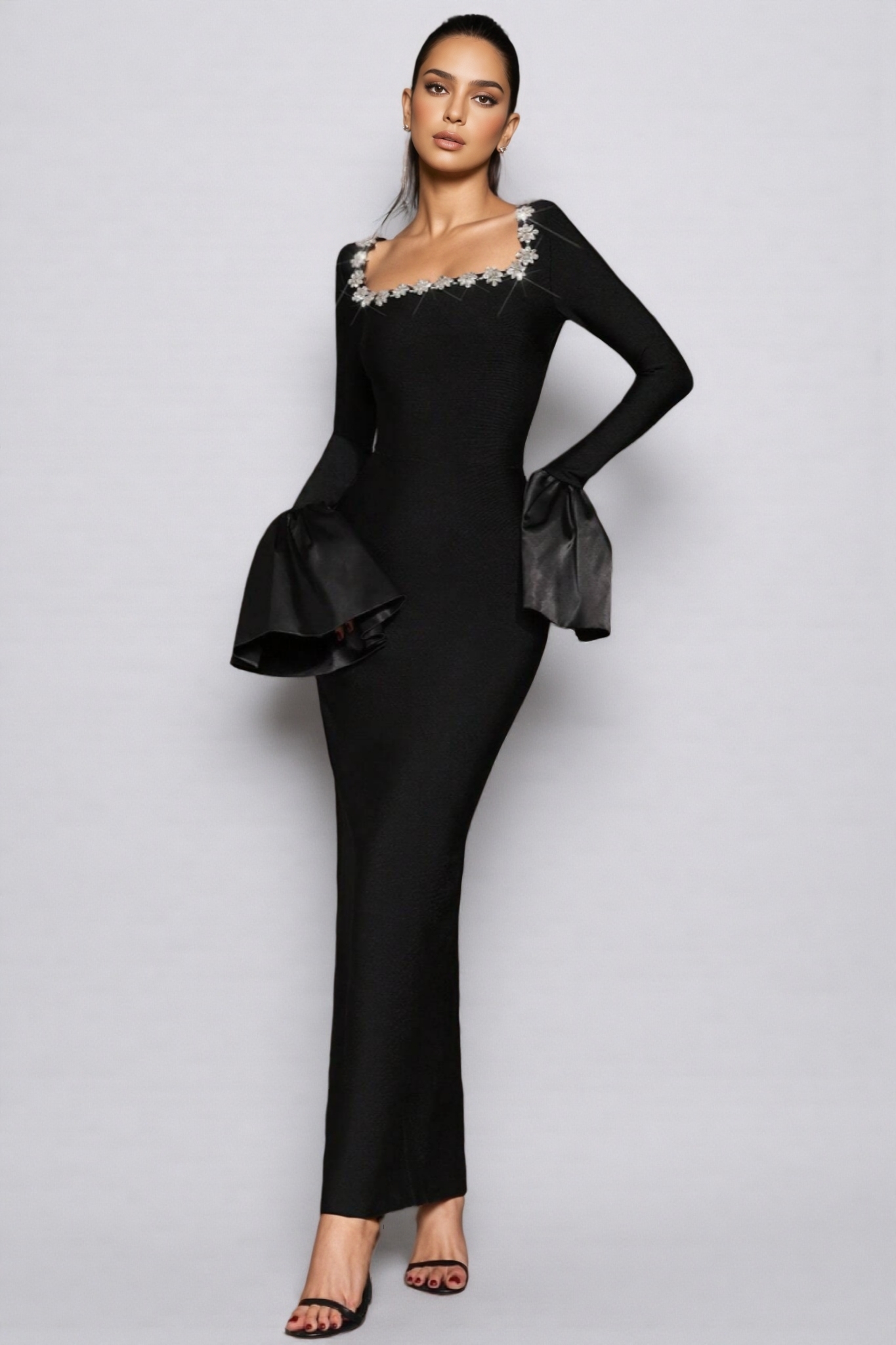 Marcen Studded Flared Sleeve Maxi Dress