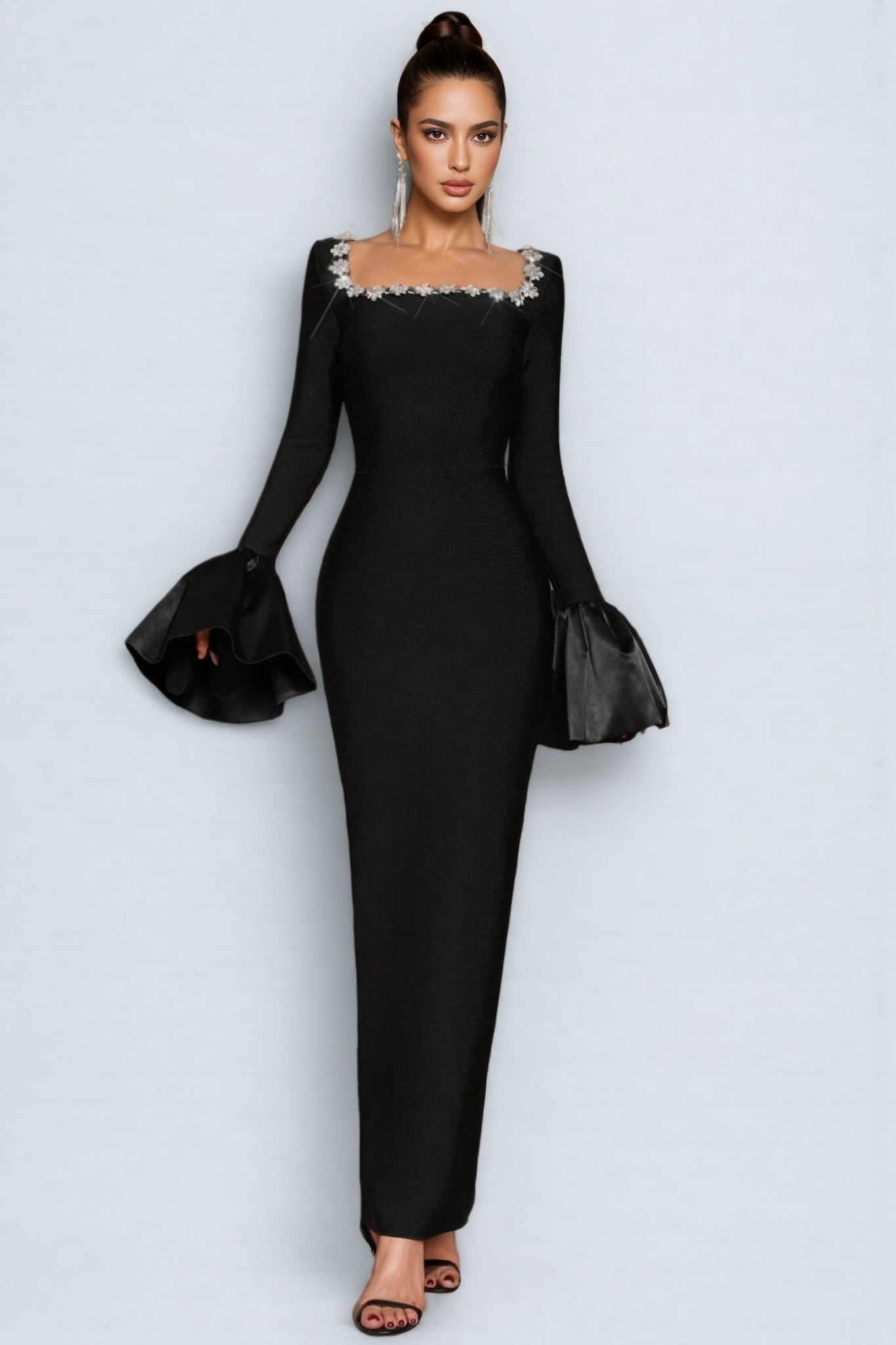 Marcen Studded Flared Sleeve Maxi Dress