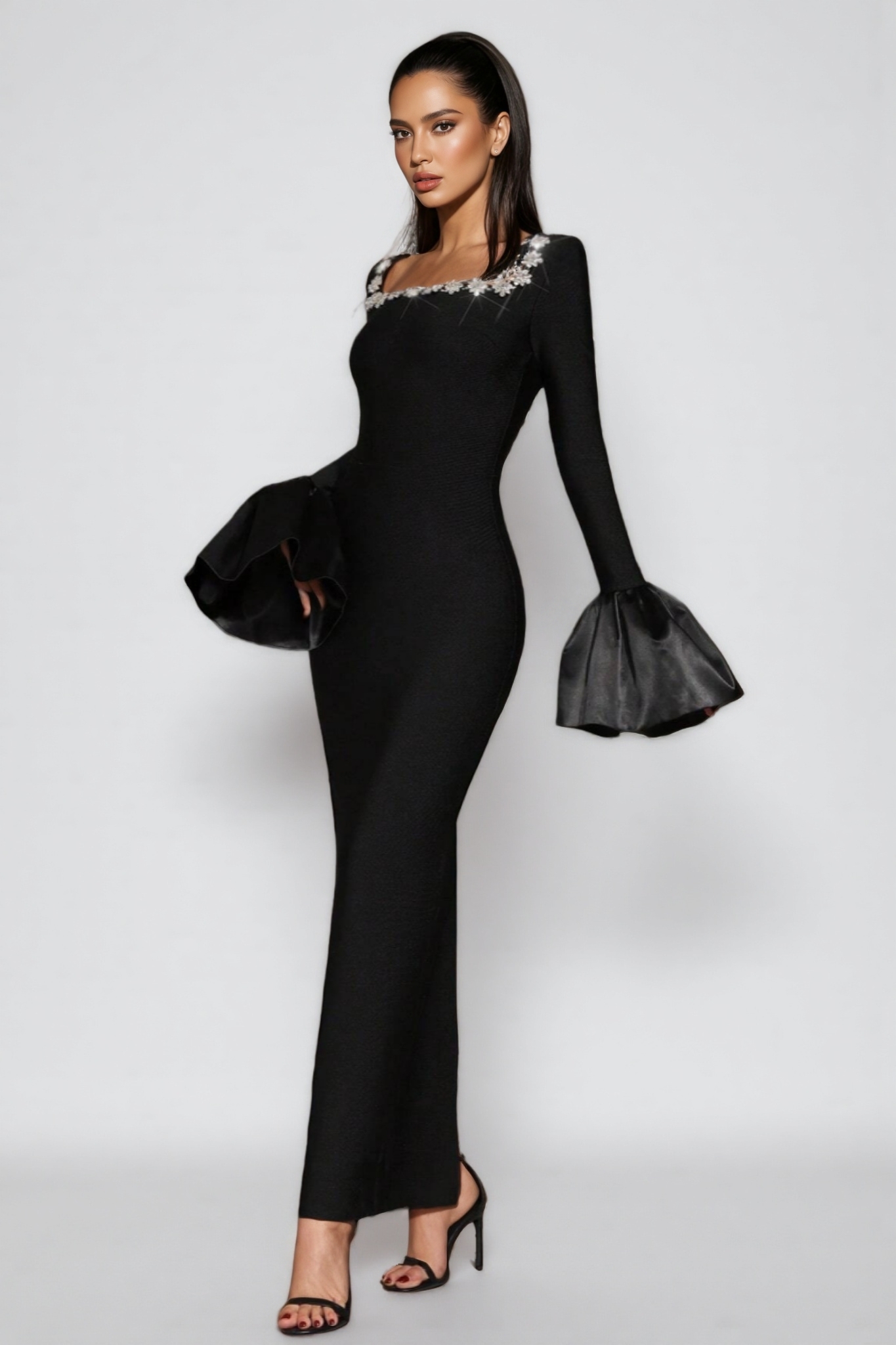 Marcen Studded Flared Sleeve Maxi Dress