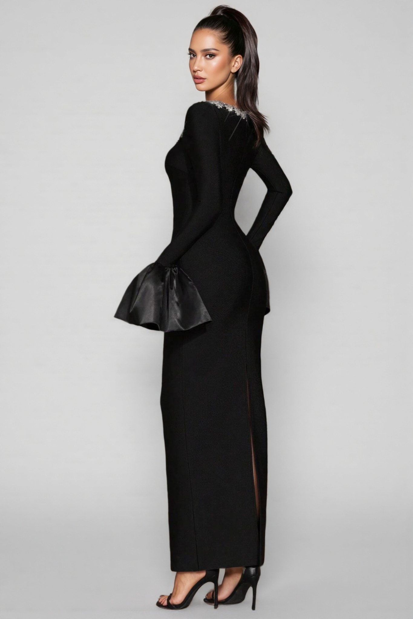 Marcen Studded Flared Sleeve Maxi Dress