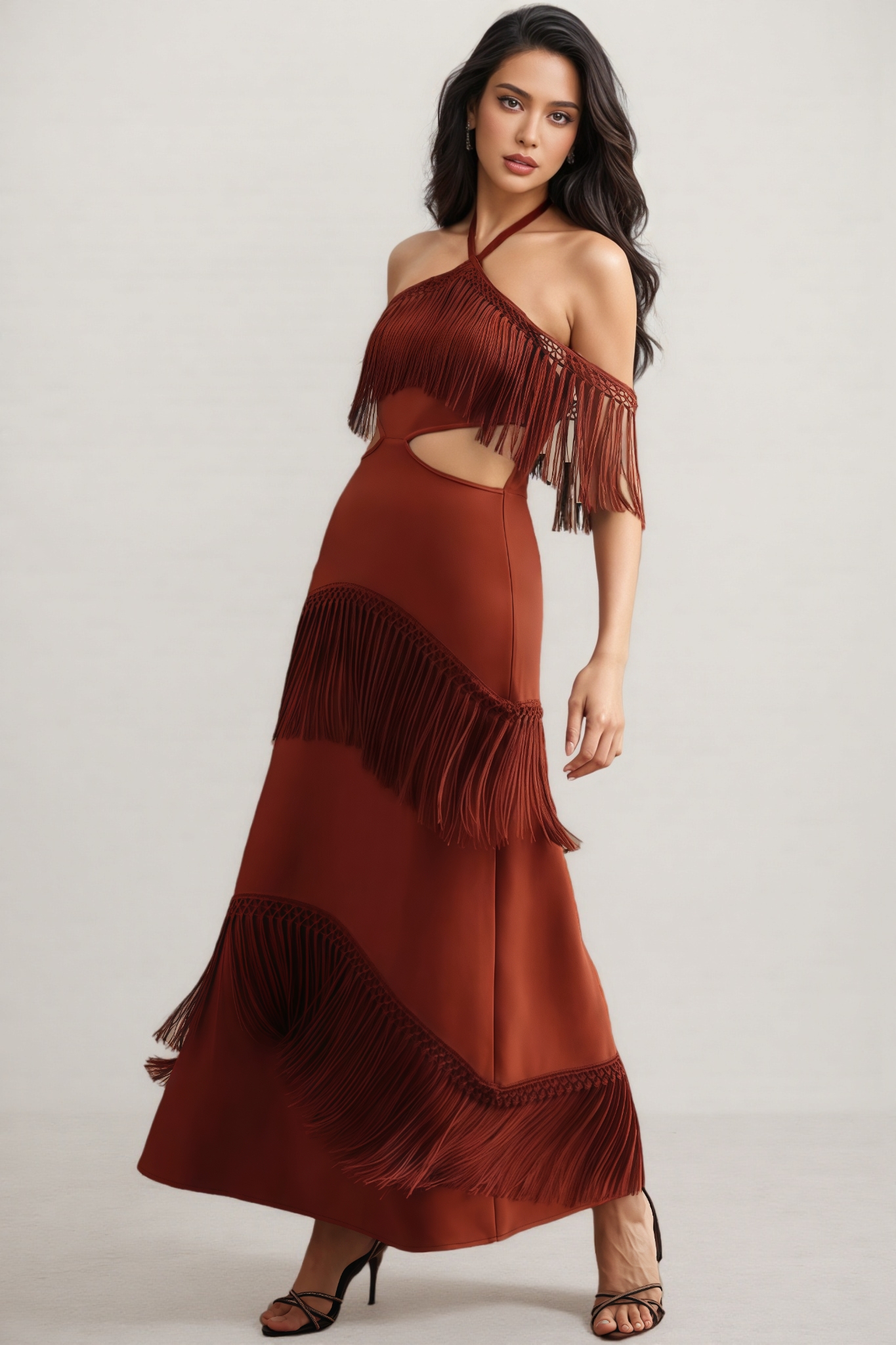 Perra Hanging Neck Fringe Maxi Dress