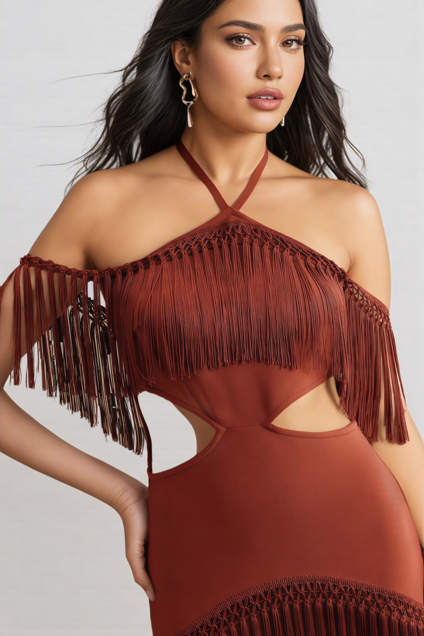 Perra Hanging Neck Fringe Maxi Dress