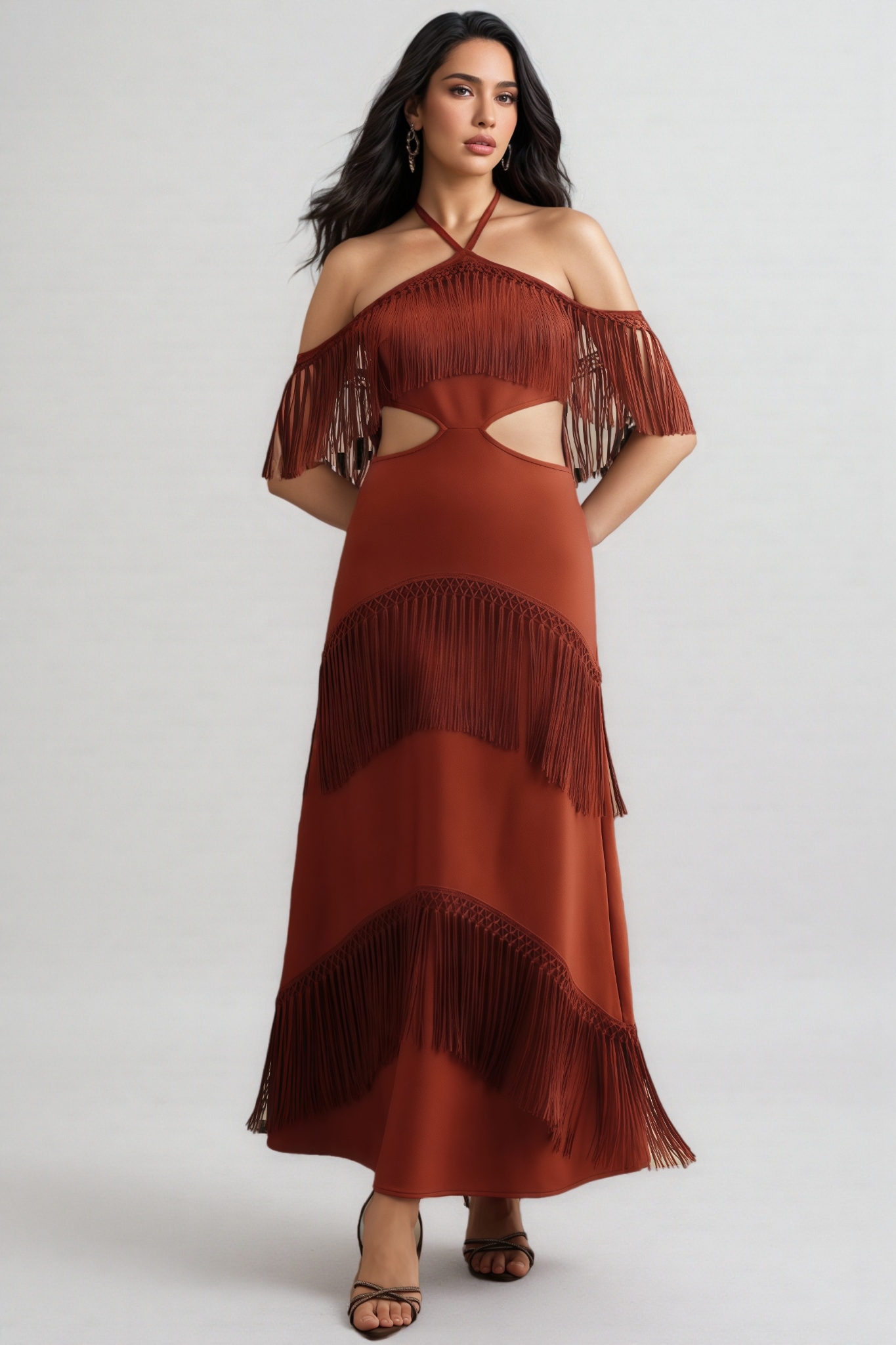 Perra Hanging Neck Fringe Maxi Dress